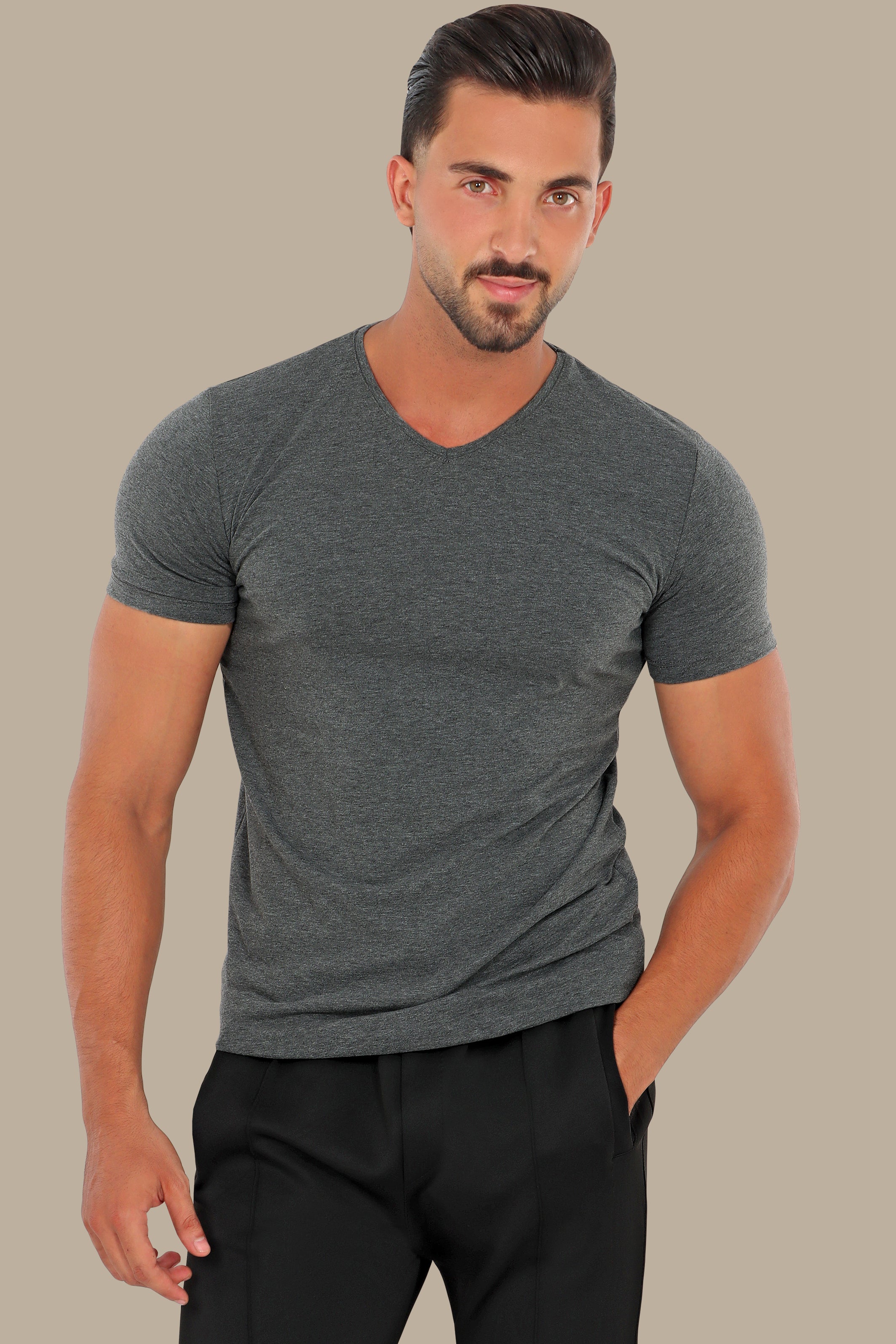 Urban Edge: Dark Grey Delight in Short Sleeve Basic V-Neck