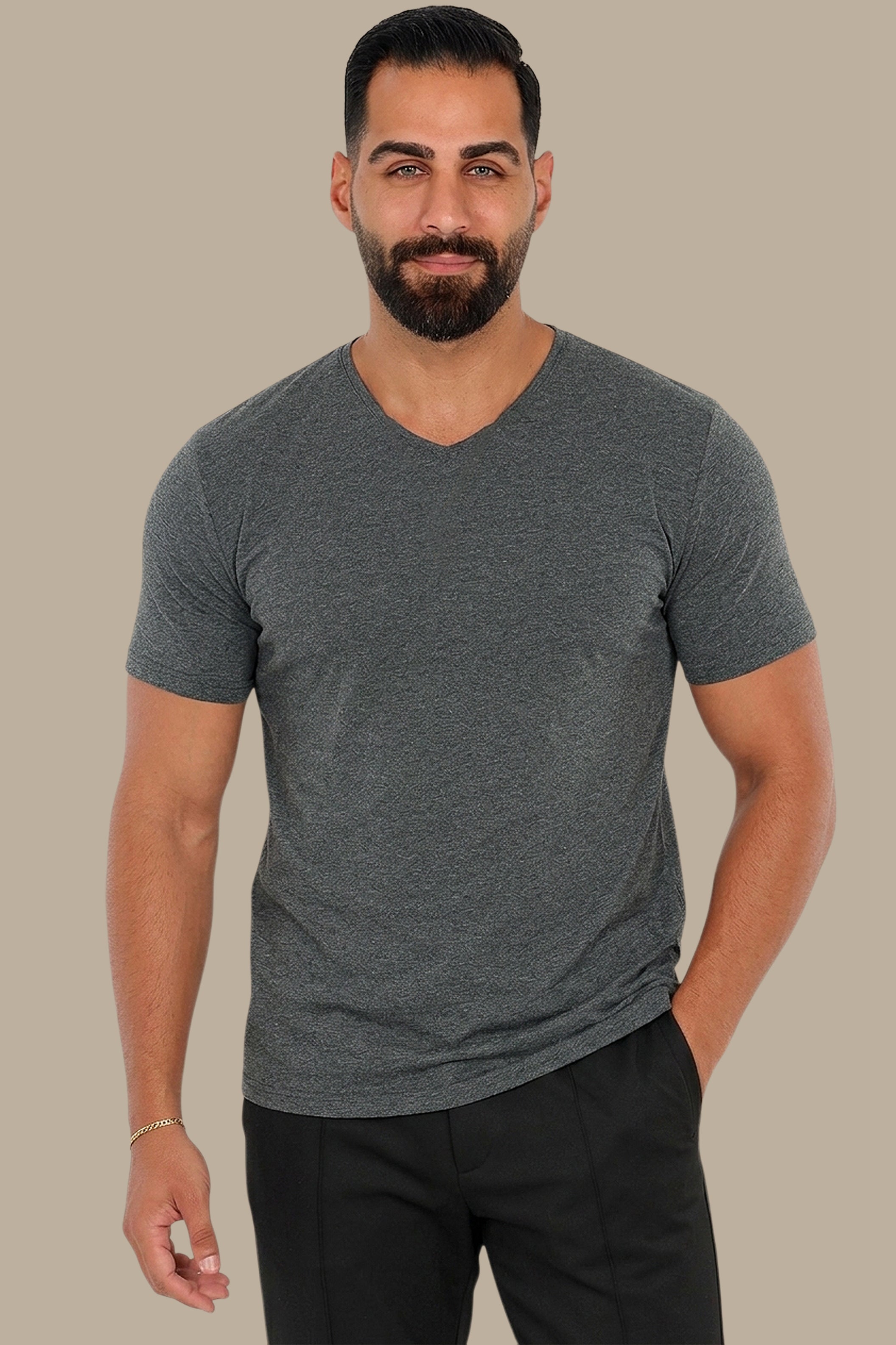 Urban Edge: Dark Grey Delight in Short Sleeve Basic V-Neck