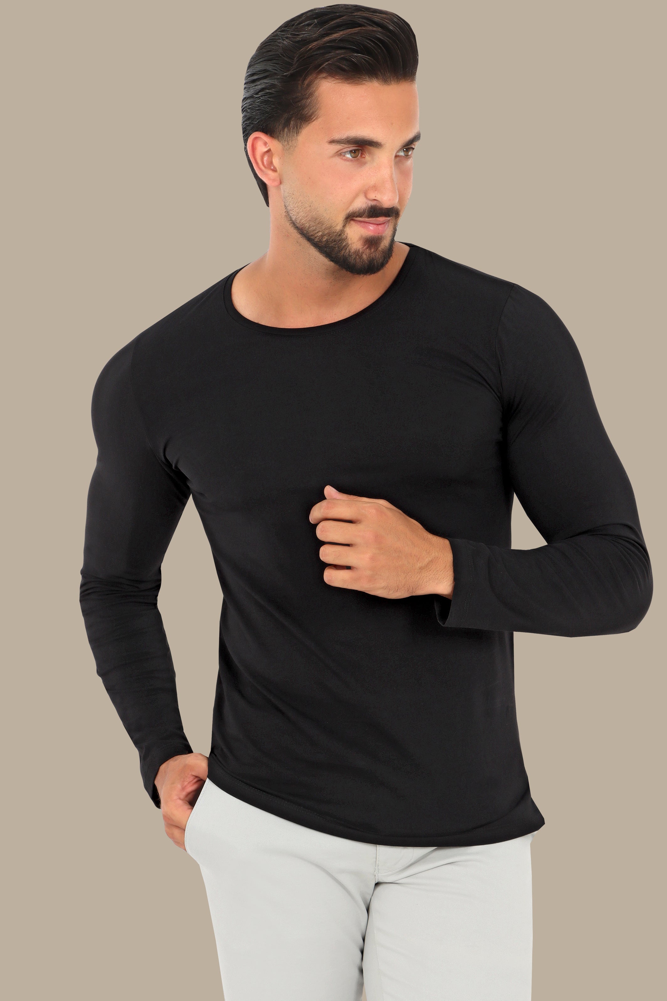 Basic Black Long Sleeve Round Neck T-Shirt