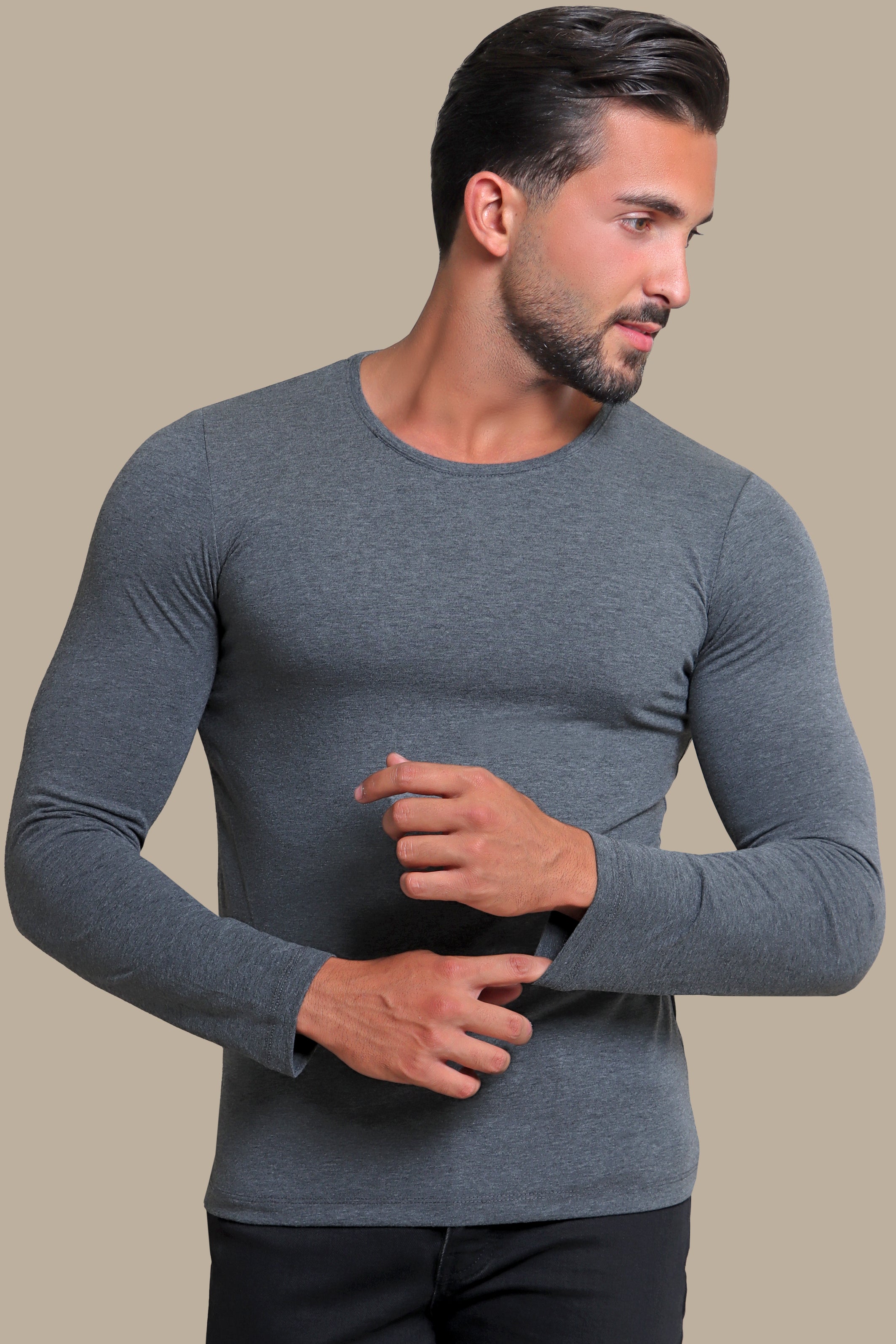 Essential Charcoal: Dark Grey Long Sleeve Basic Round Neck T-Shirt