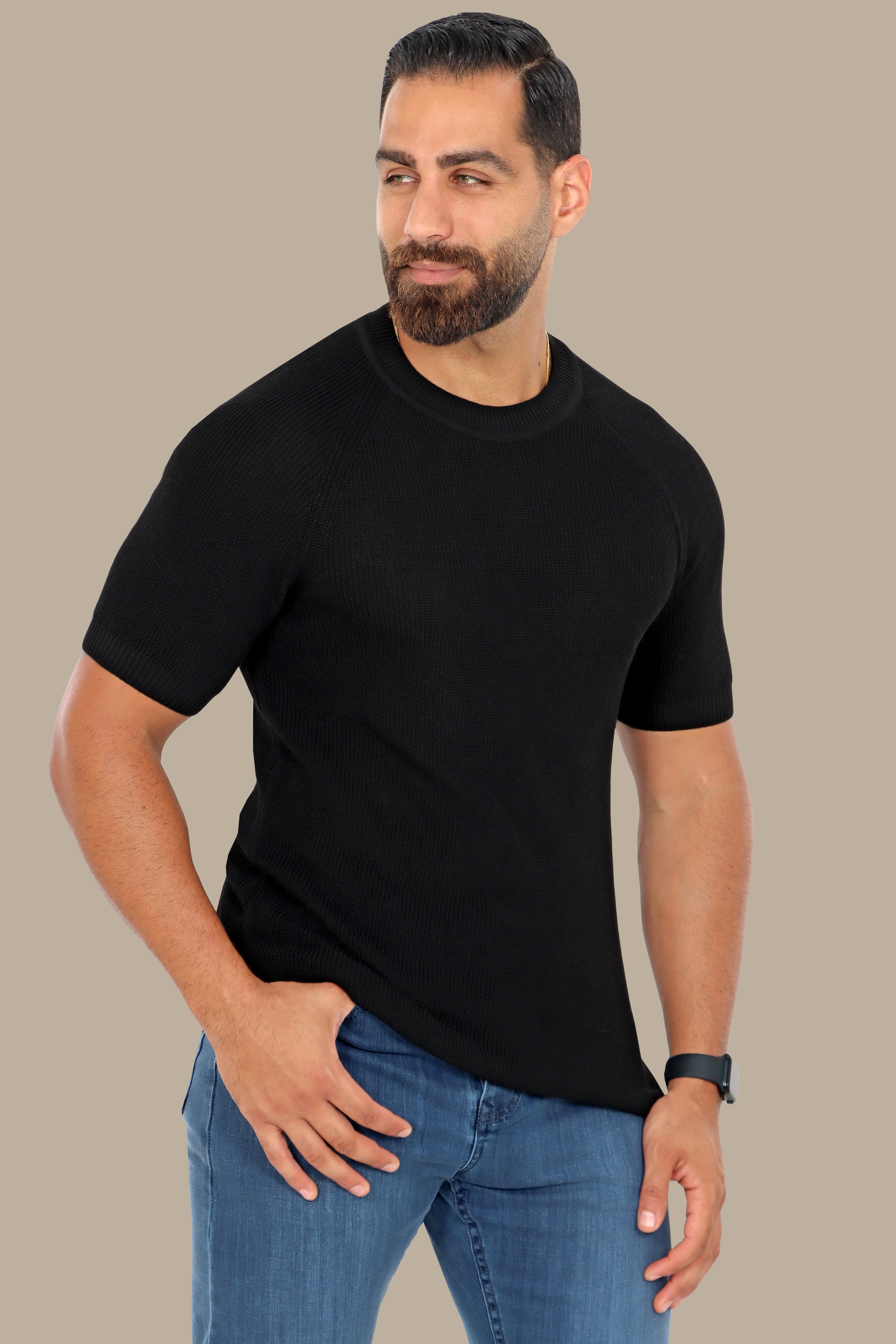 Black Round Neck Knitted T-Shirt