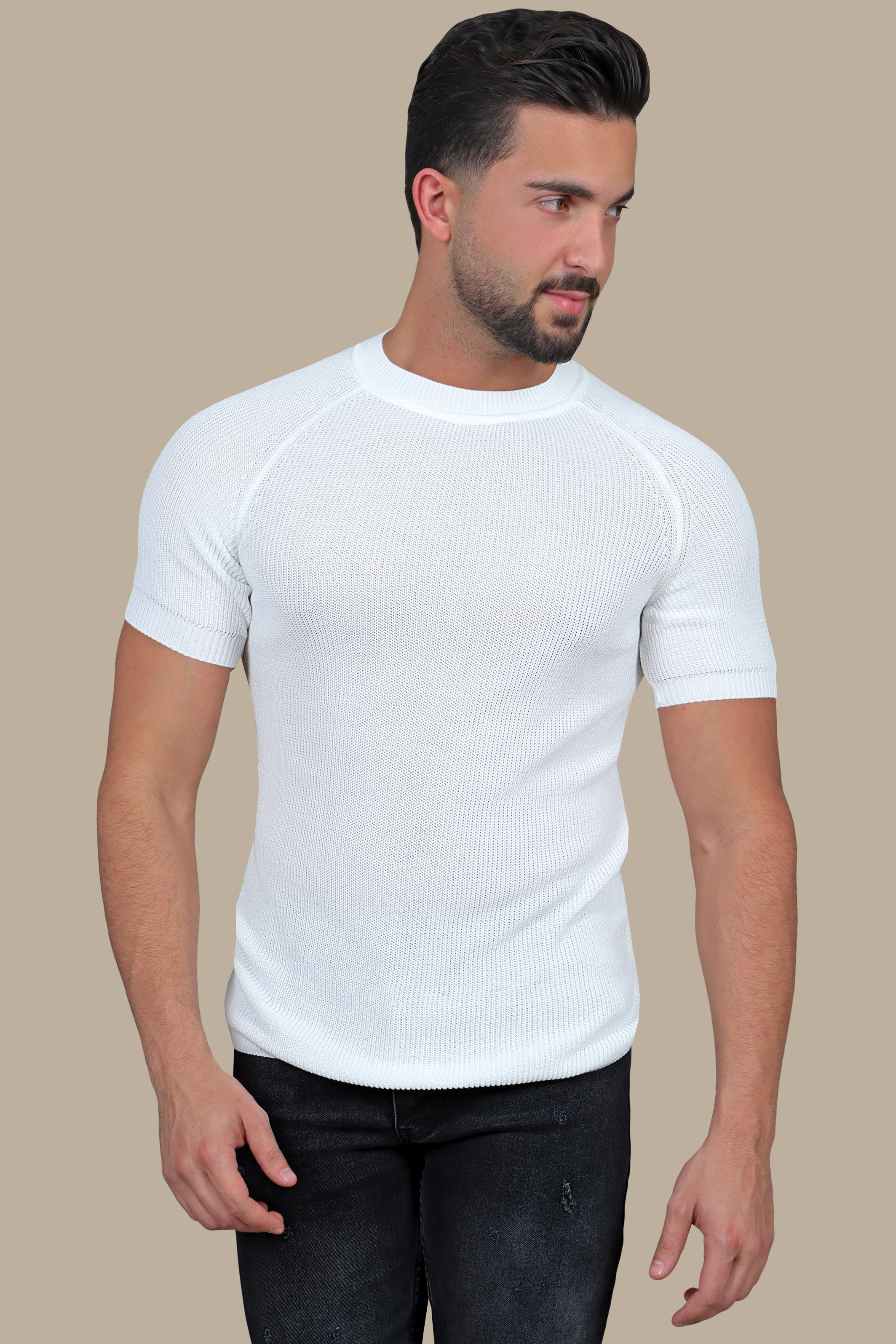 Pure Comfort: White Knitted Round Neck T-Shirt