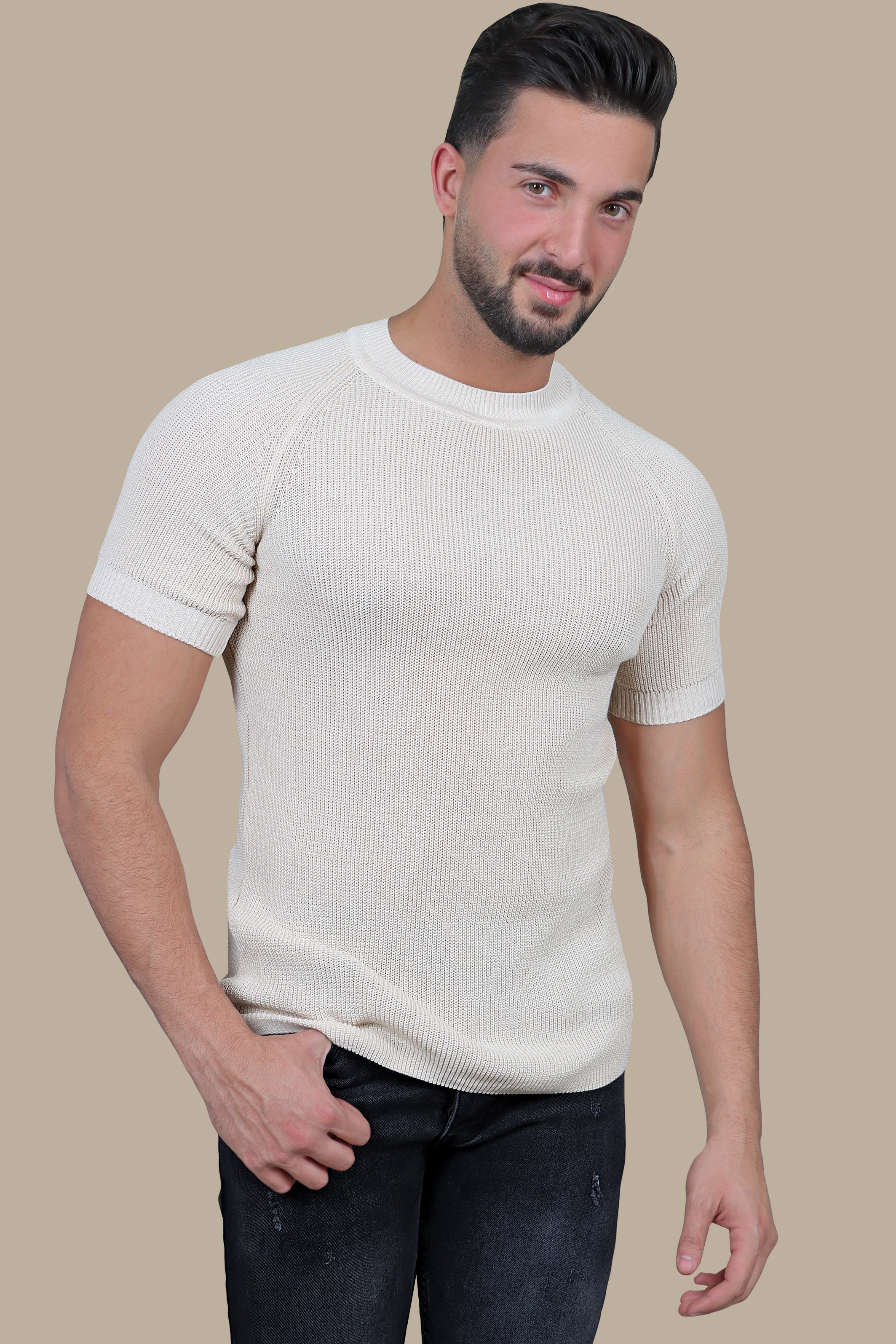 Beige Bliss: Knitted Round Neck T-Shirt