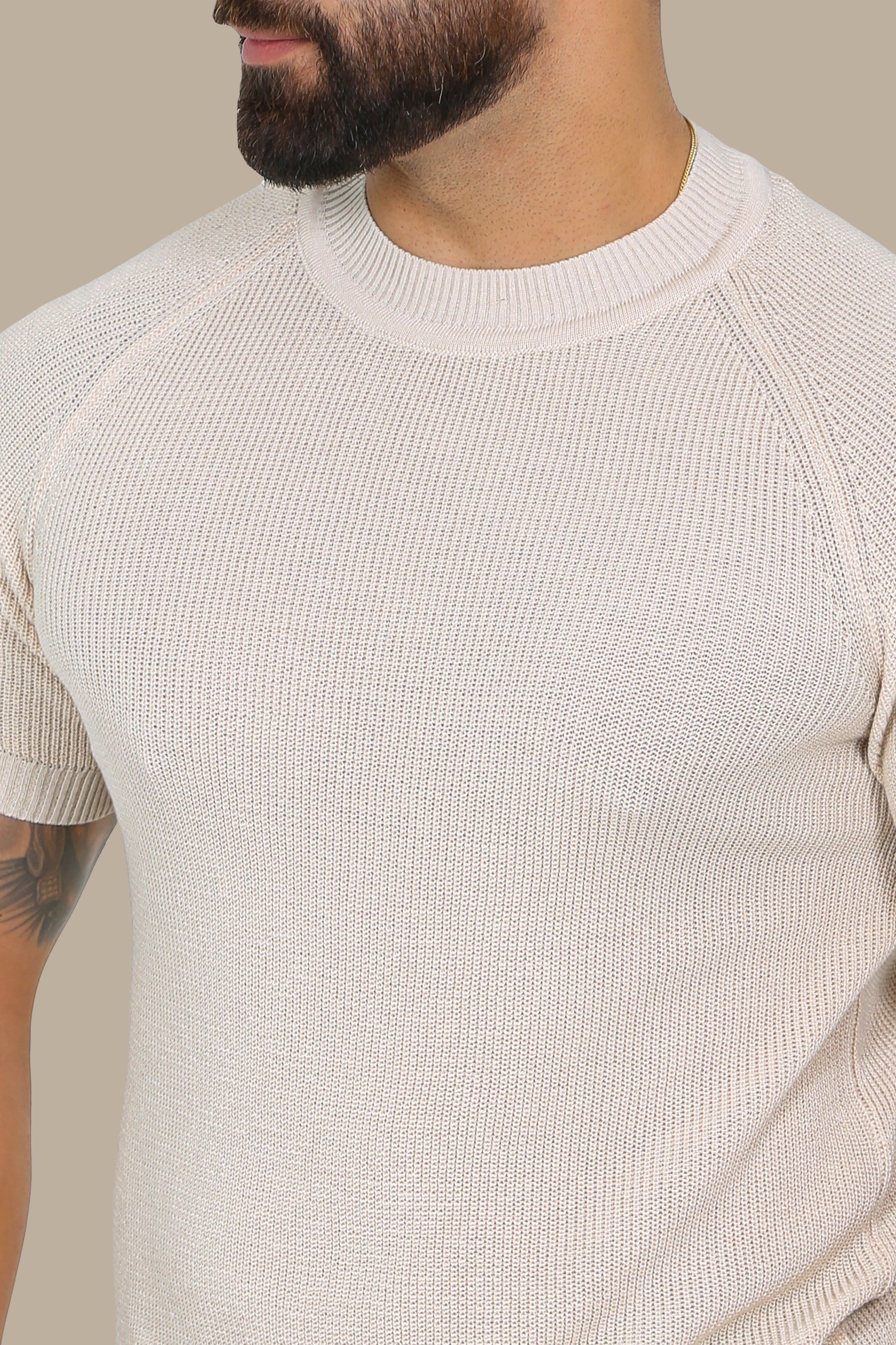 Beige Bliss: Knitted Round Neck T-Shirt