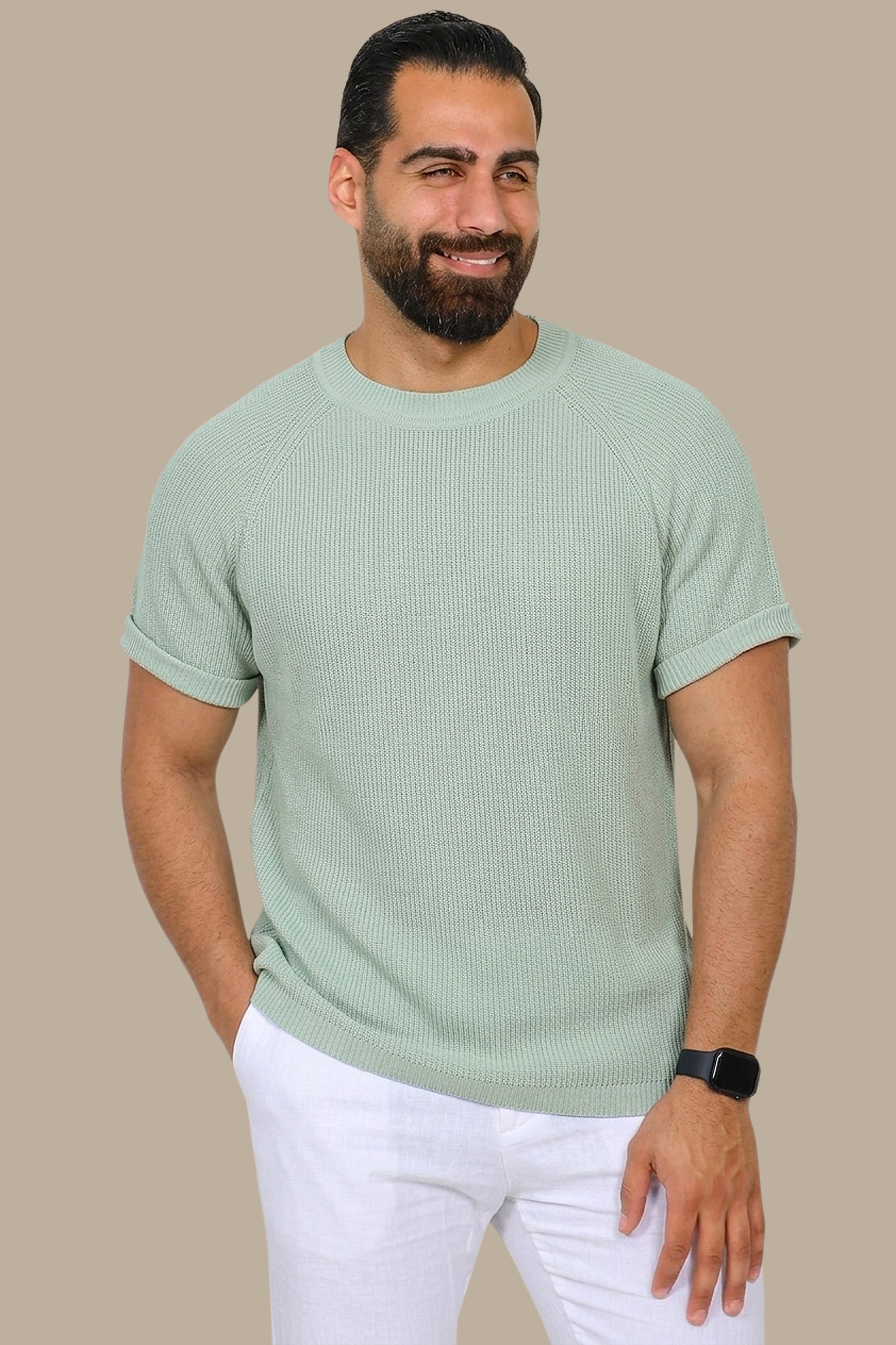 Classic Comfort: Olive Knitted Round Neck T-Shirt