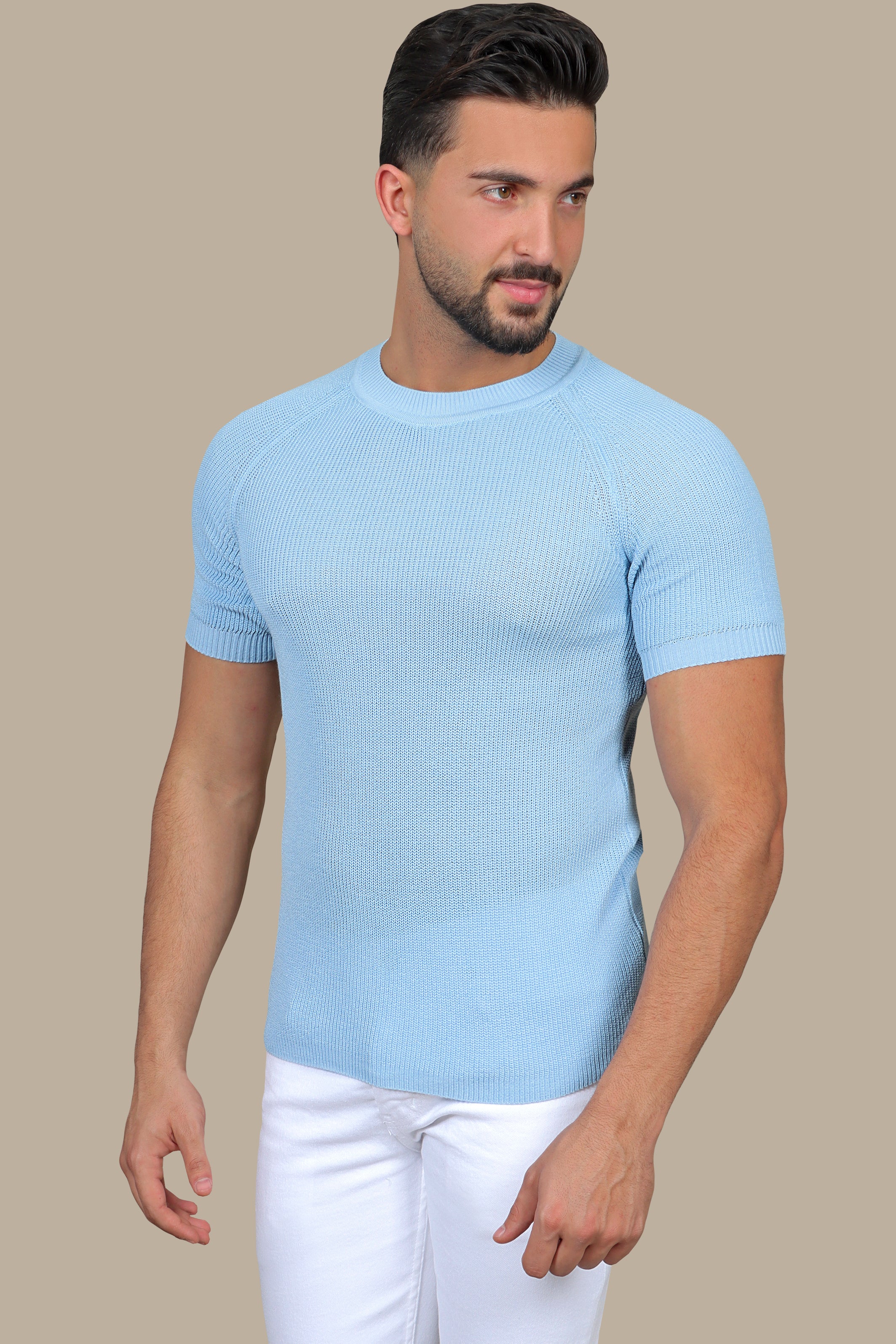 Serene Comfort: Light Blue Knitted Round Neck T-Shirt