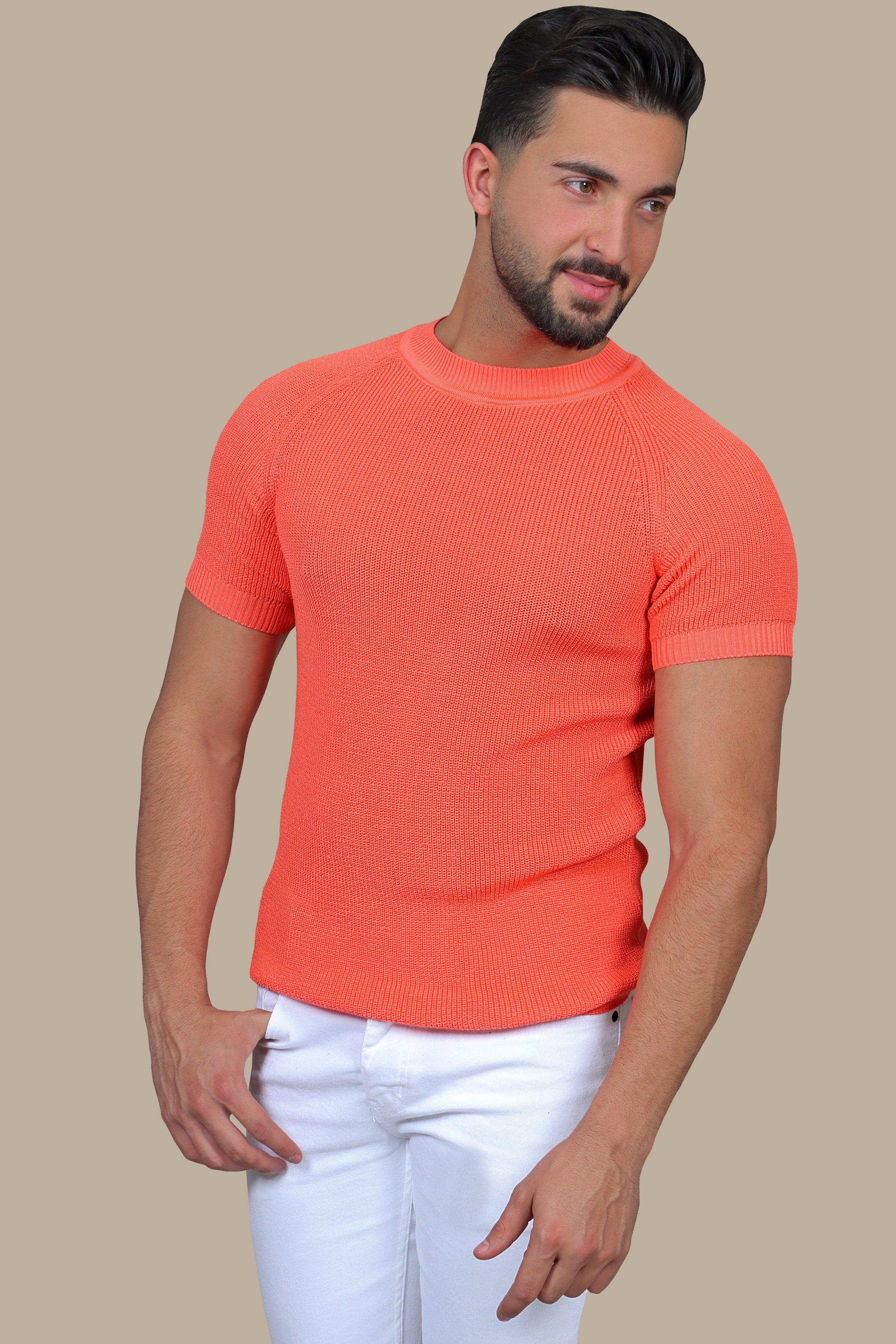 Coral Comfort: Knitted Round Neck T-Shirt