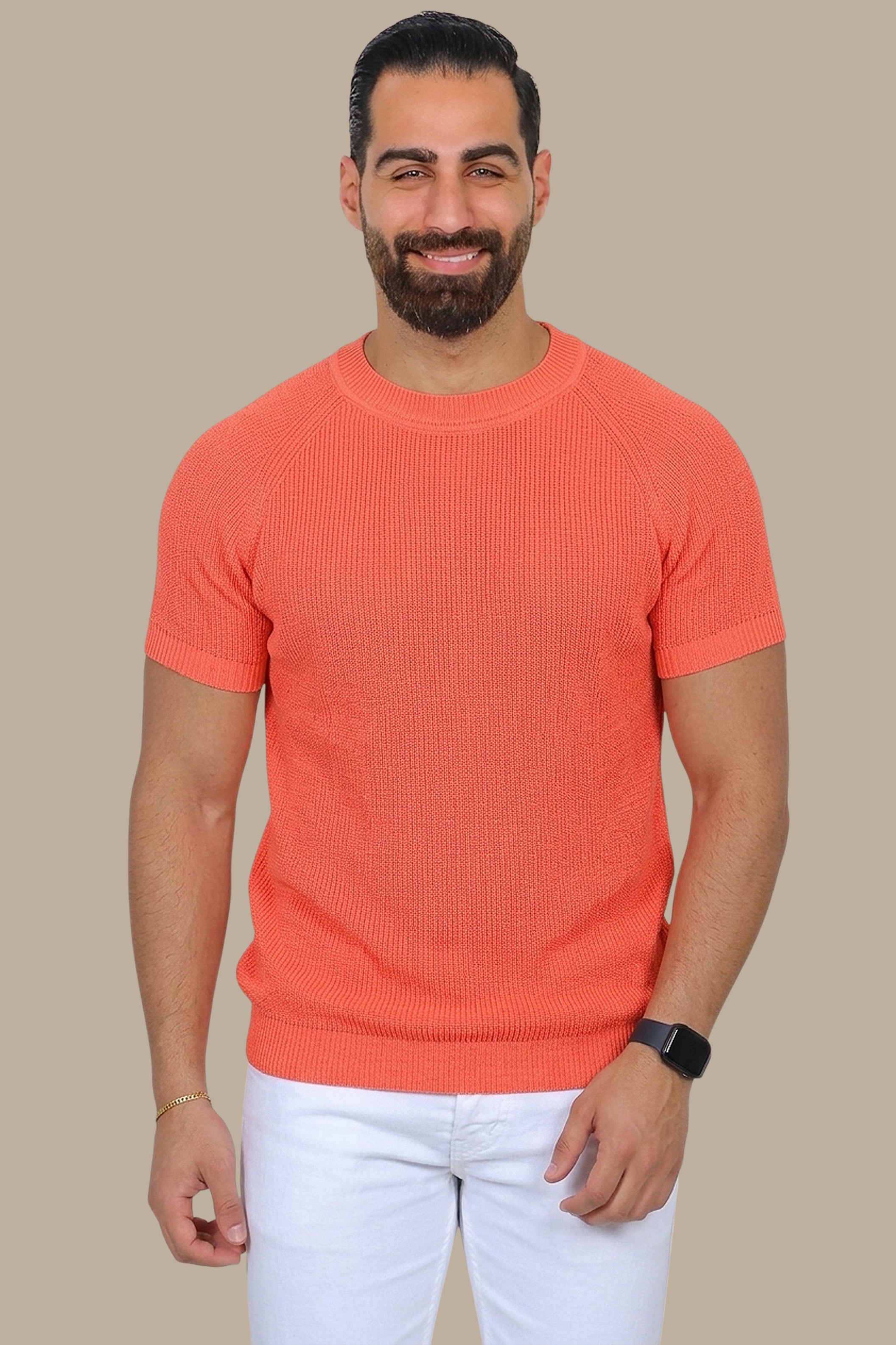 Coral Comfort: Knitted Round Neck T-Shirt