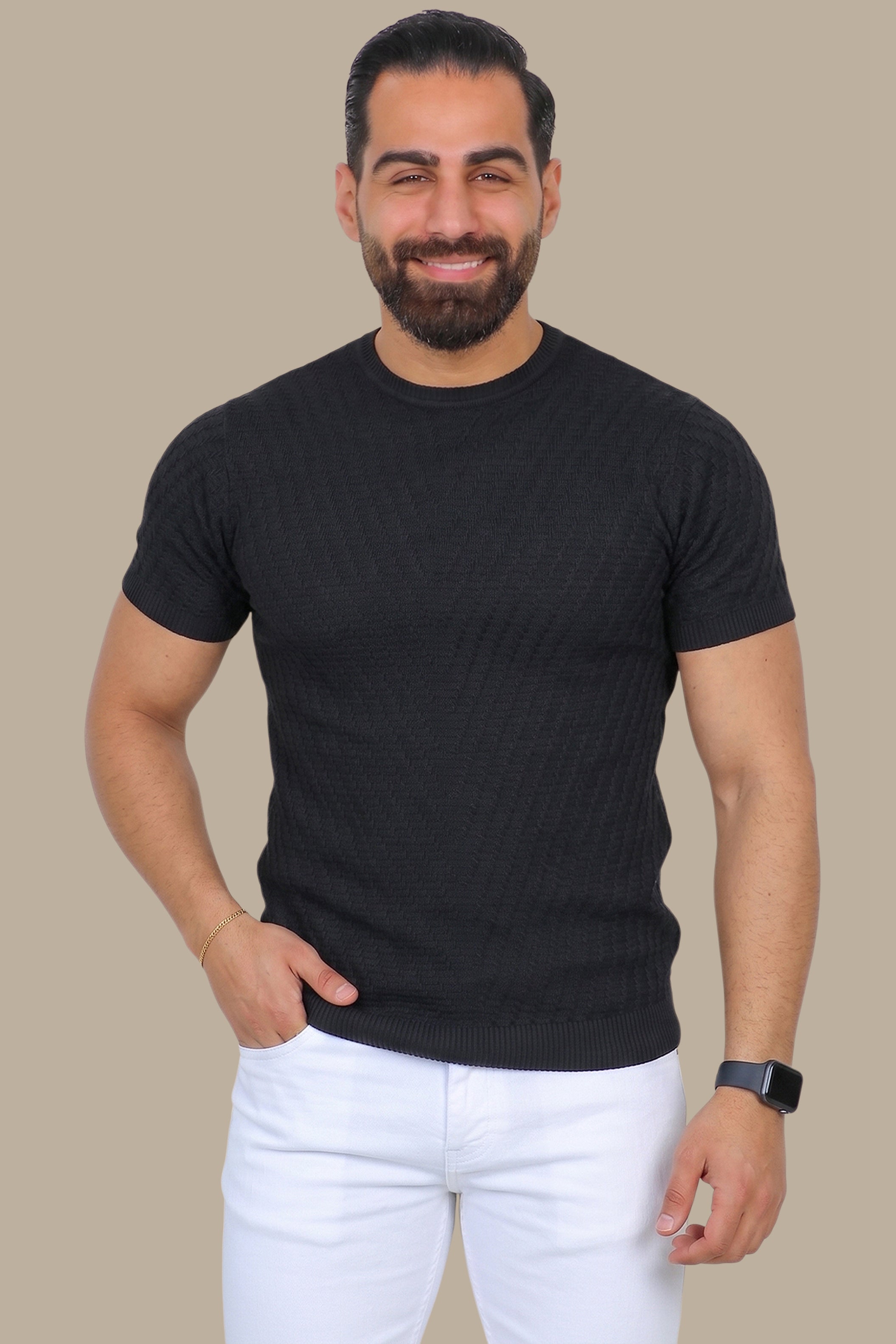 Classic Black: Knitted Round Neck T-Shirt