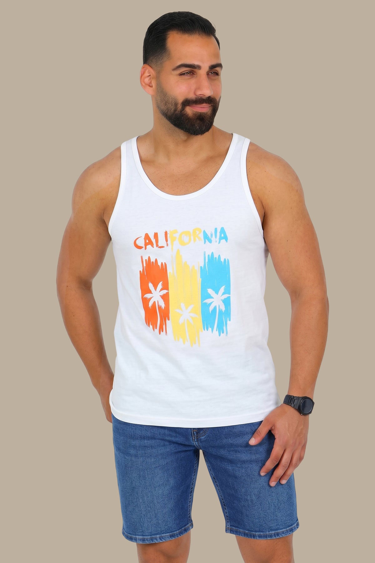 Three Palms Paradise: White Sleeveless Shirt