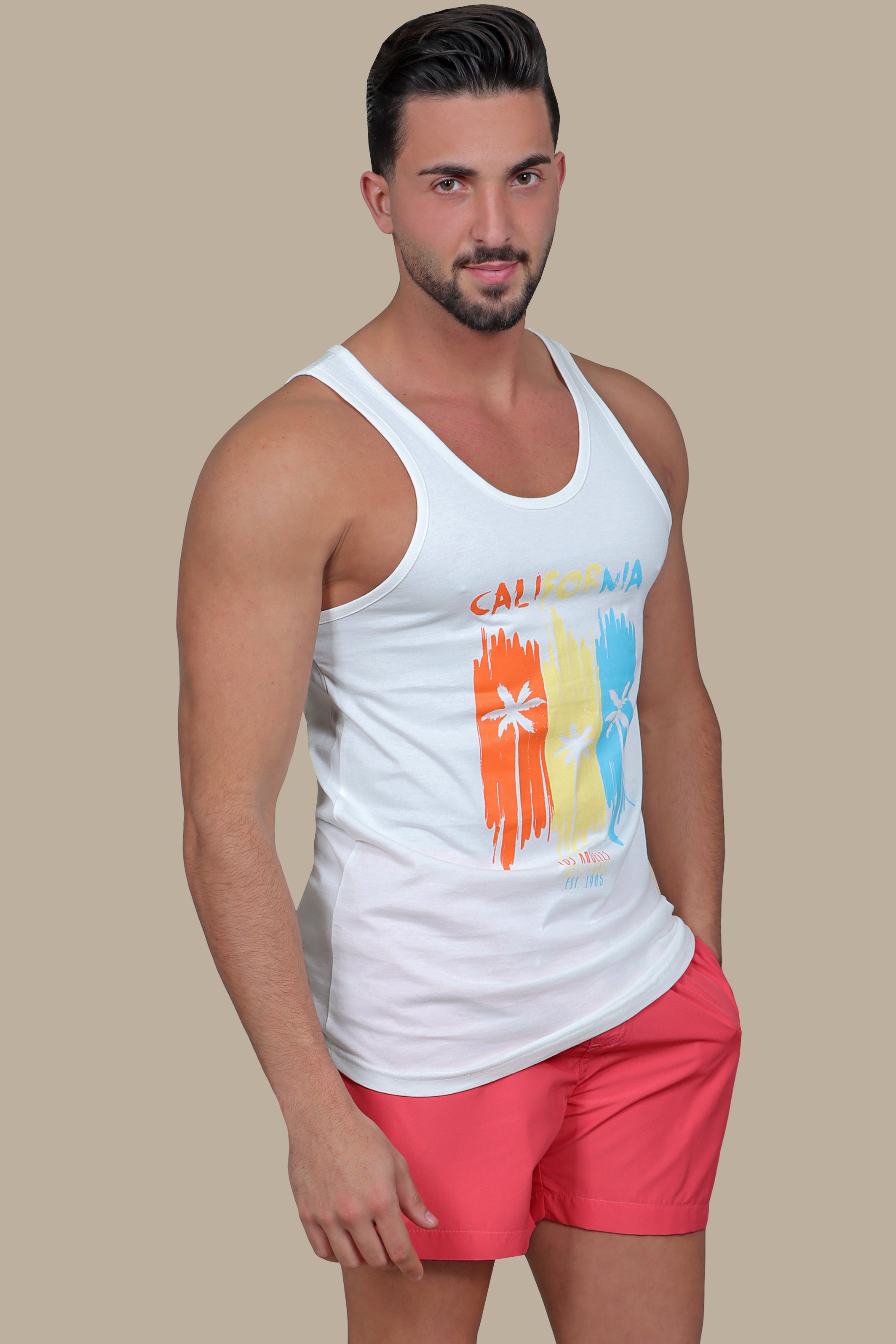 Three Palms Paradise: White Sleeveless Shirt