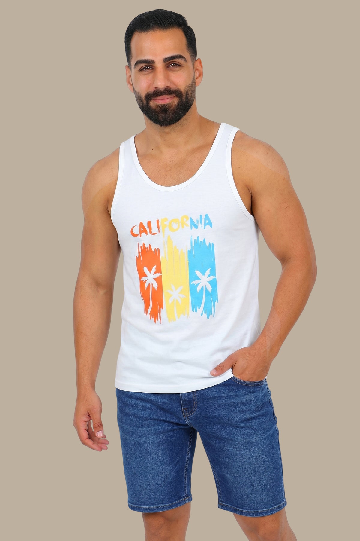 Three Palms Paradise: White Sleeveless Shirt