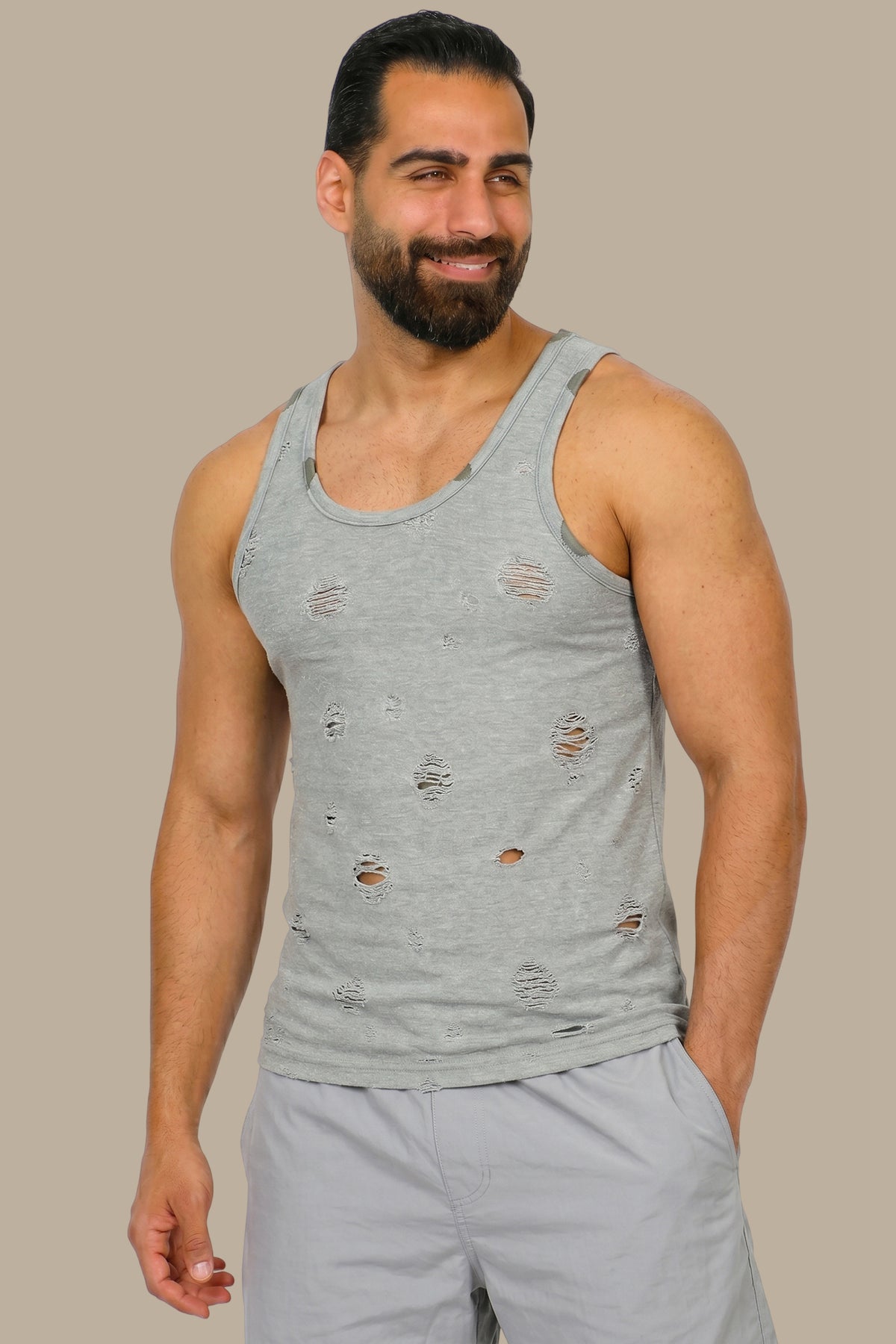 Urban Ruggedness: Khaki Destroyed Sleeveless Shirt