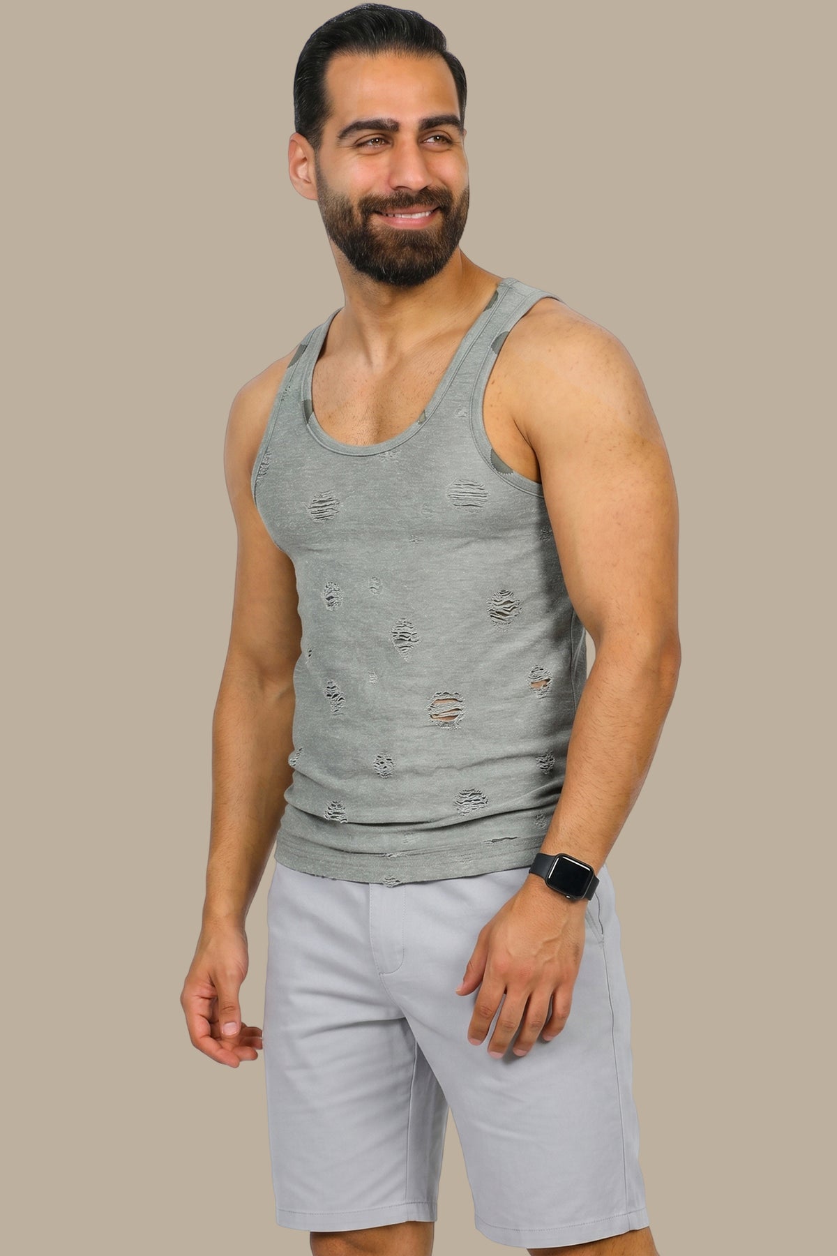 Urban Ruggedness: Khaki Destroyed Sleeveless Shirt