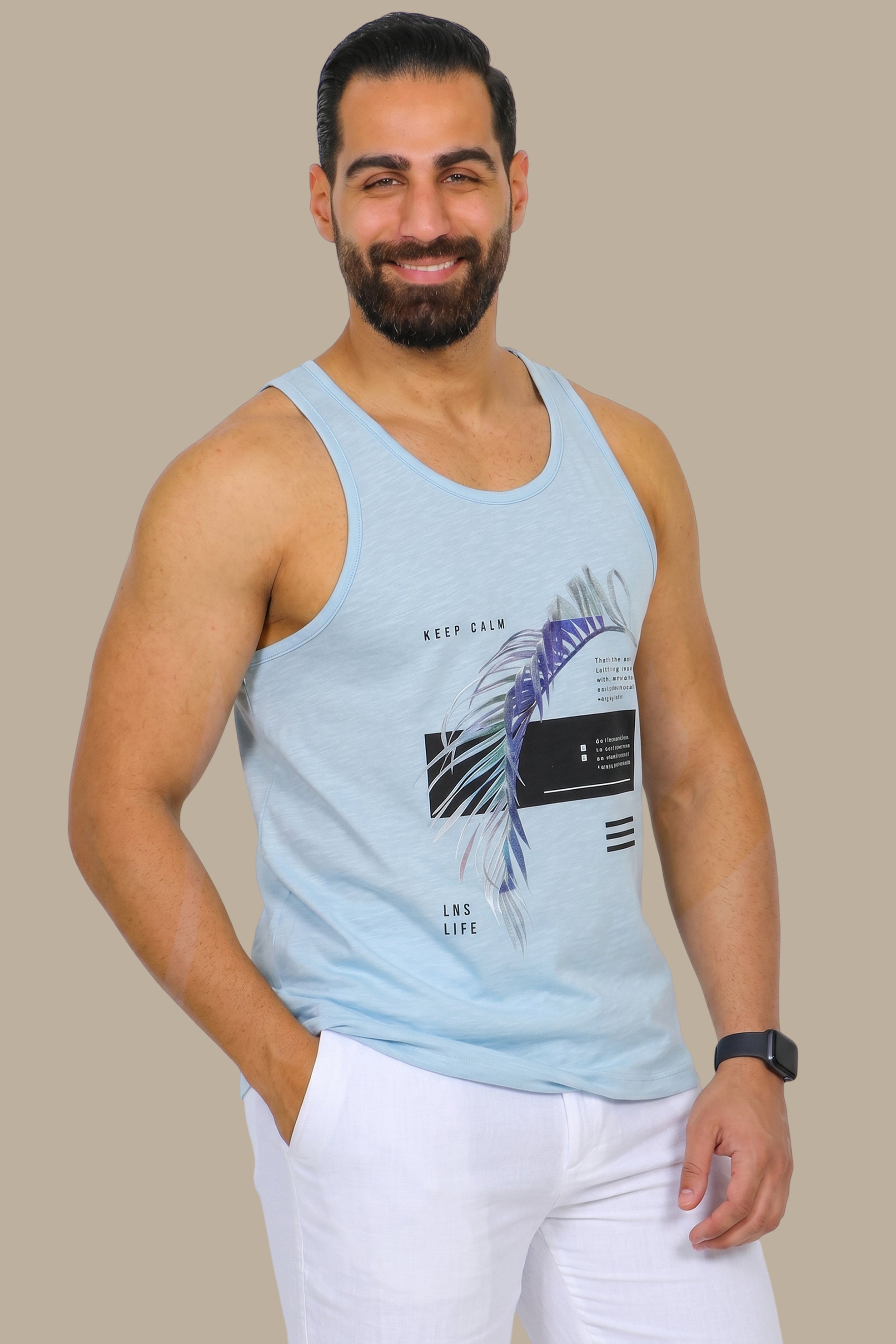 Tranquil Waves: Light Blue Sleeveless I-Shirt