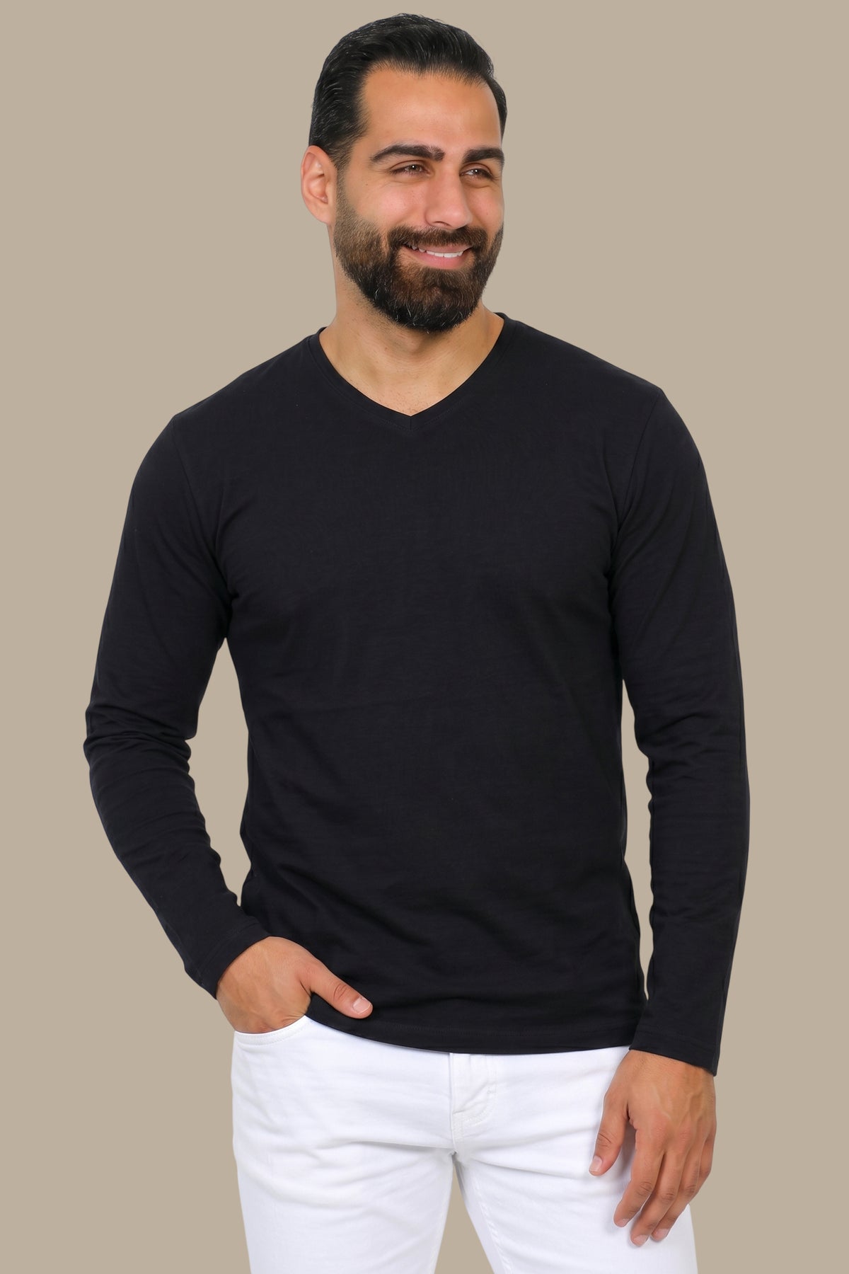 Basic Long Sleeve V-Neck T-Shirt – Black