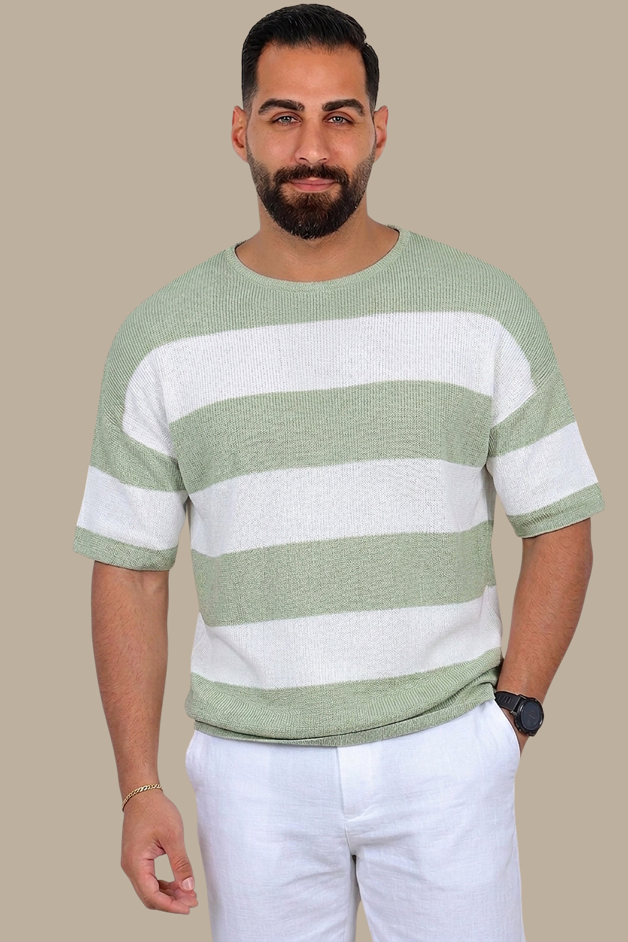 Olive Wide Striped Oversized T-Shirt with 3/4 Sleeves