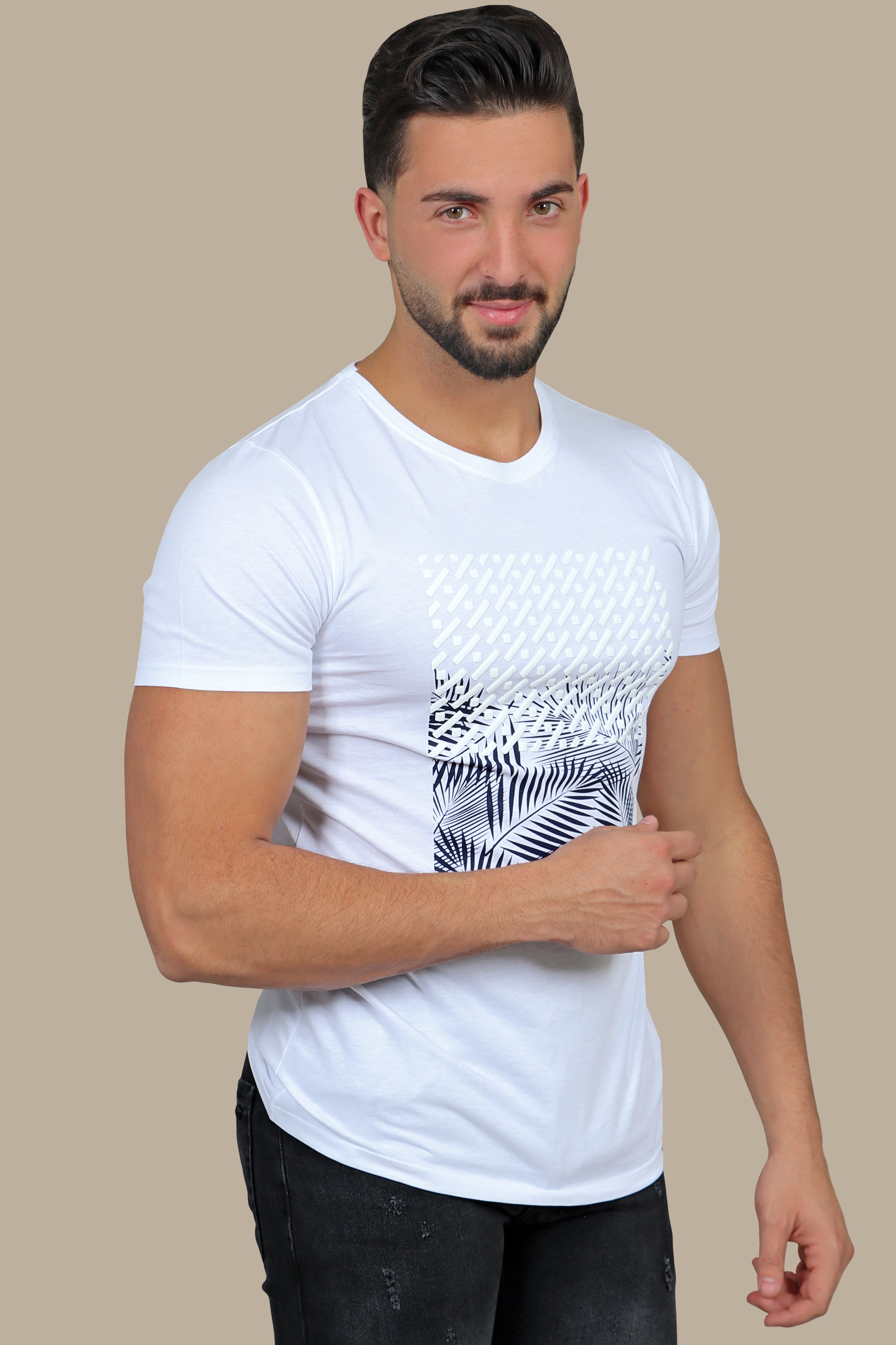 Nature's Whisper: White Leaves Print T-Shirt