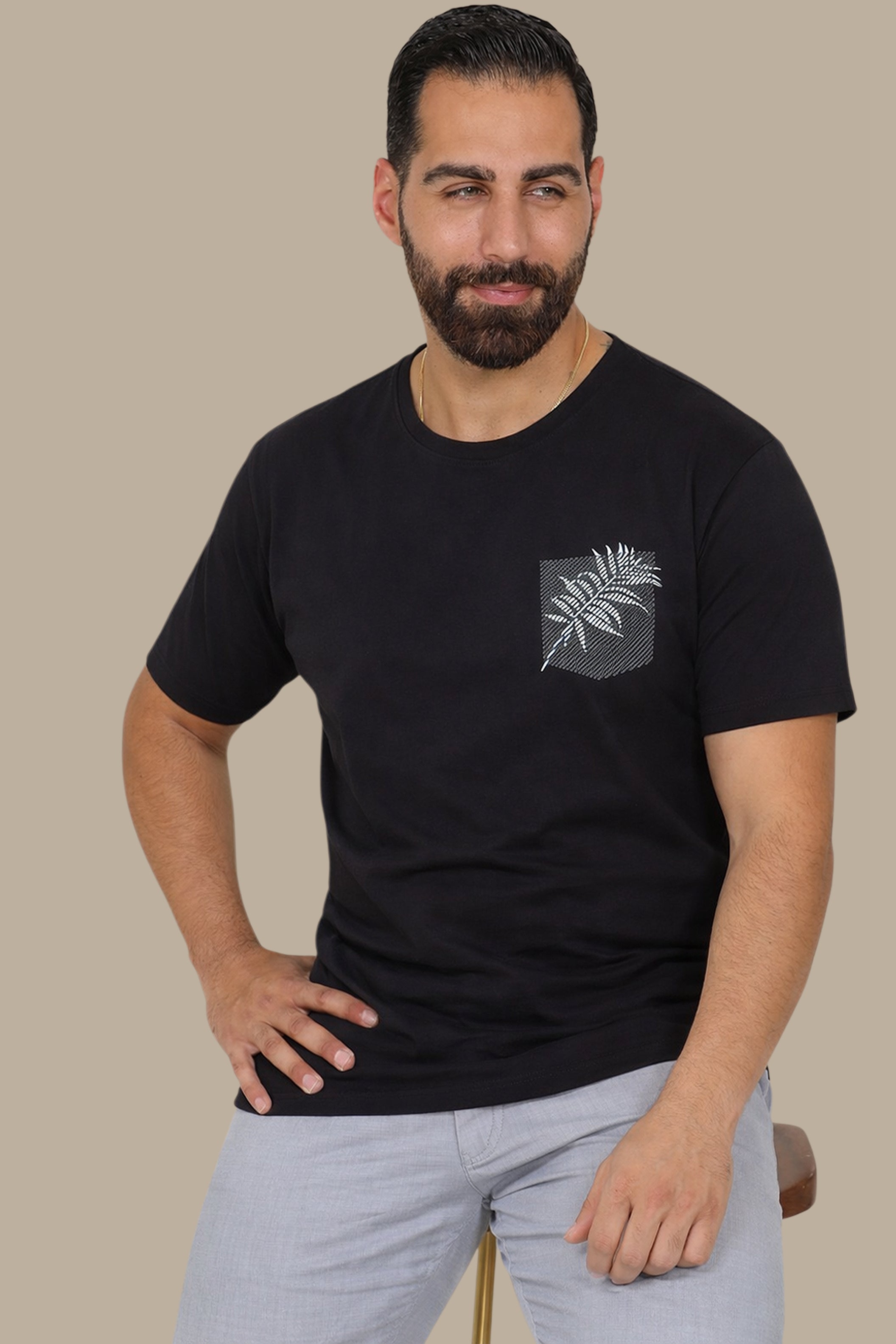 Black T-Shirt with Printed Pocket and Leaf Detail