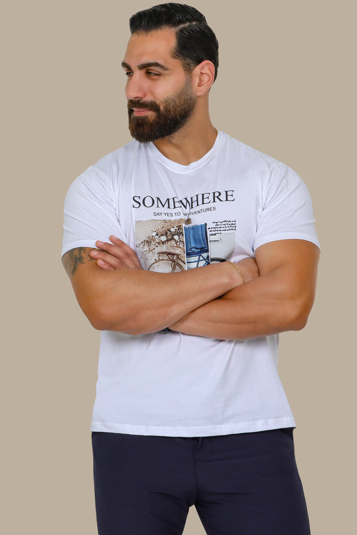 Navy T-Shirt with "Somewhere" and Bike Print