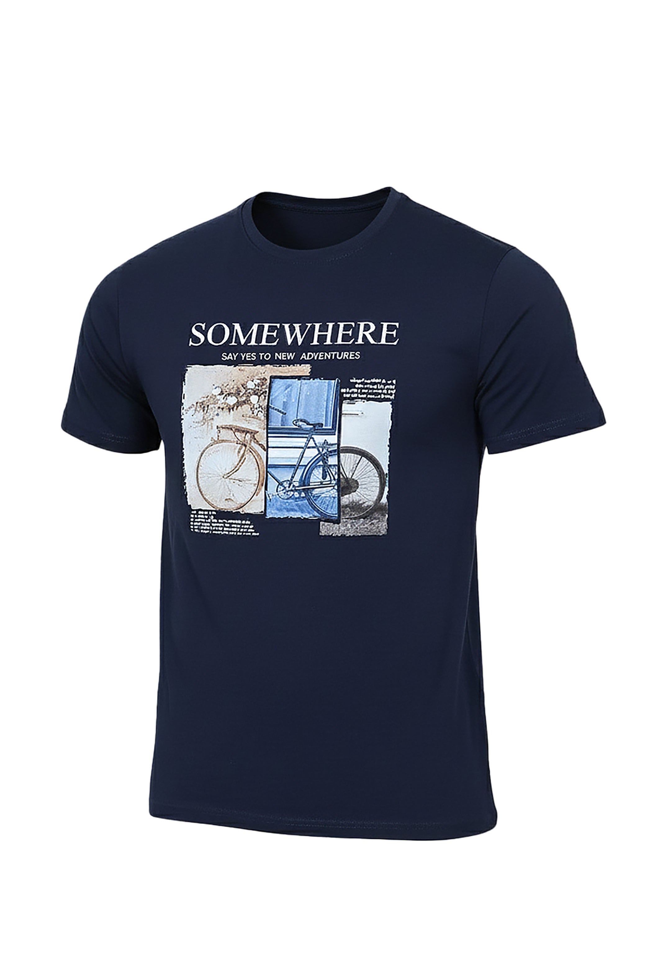 Navy T-Shirt with "Somewhere" and Bike Print