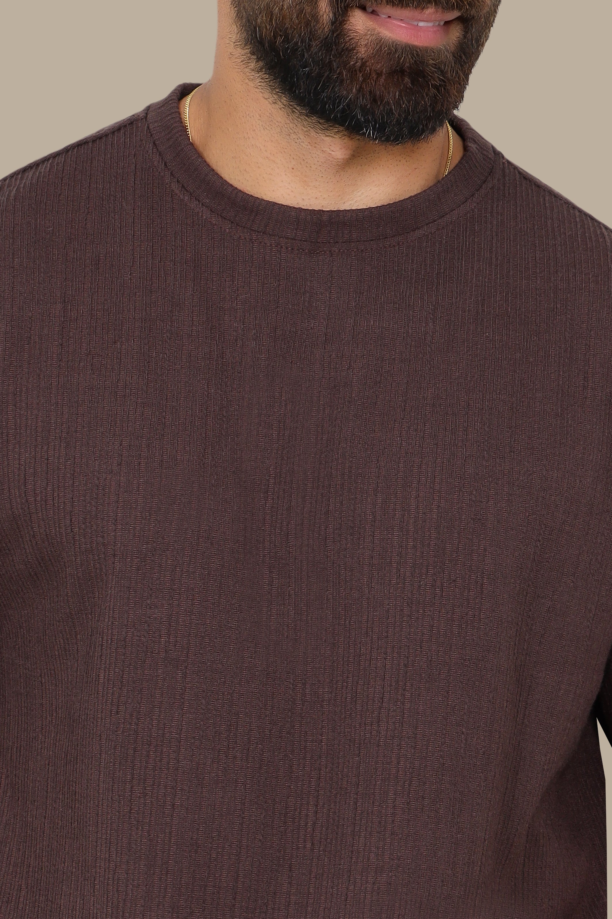 Brown Ribbed Structured Round Neck T-Shirt
