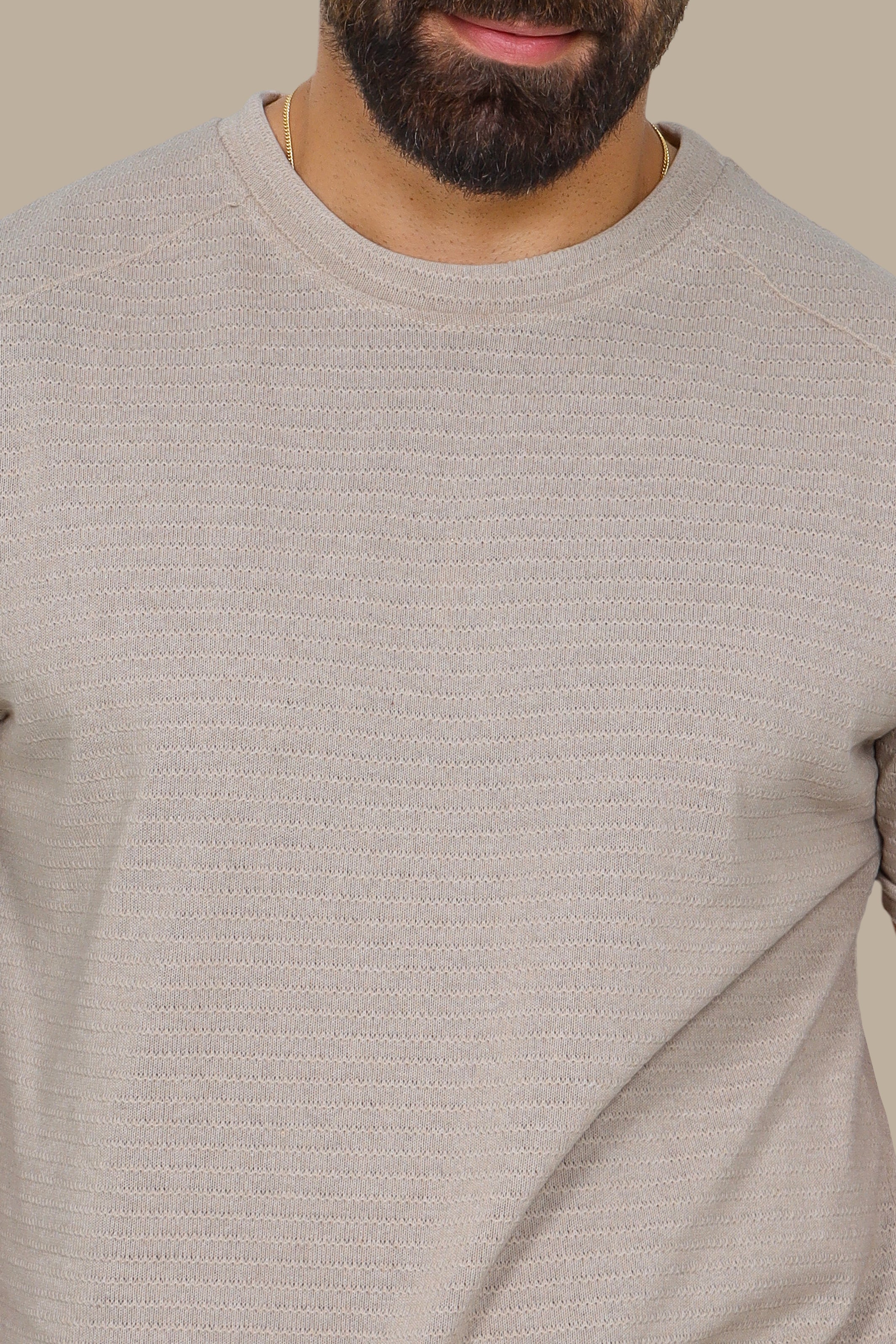 Beige Ribbed T-Shirt with Shoulder Cut