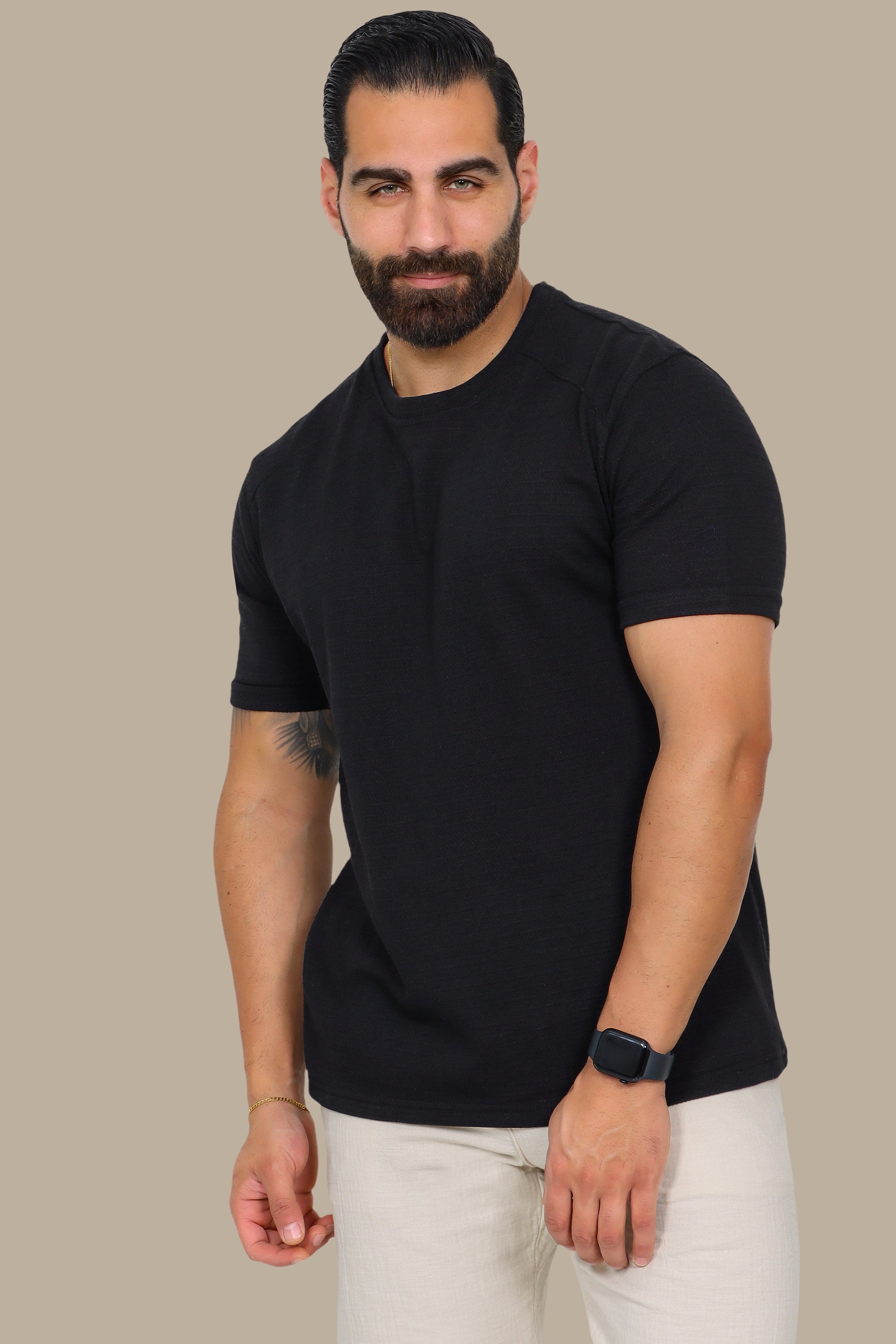 Black Shoulder-Cut Ribbed T-Shirt