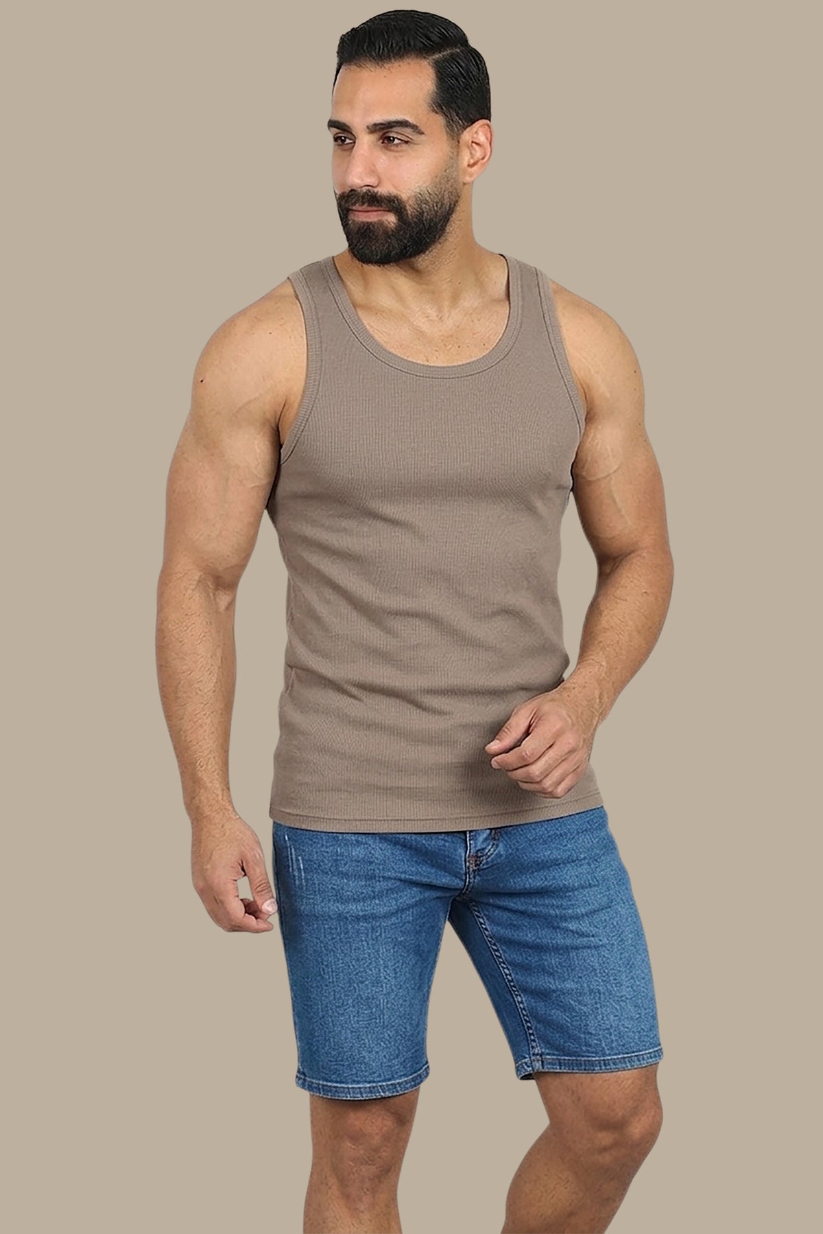 Beige Ribbed Basic I-Shirt