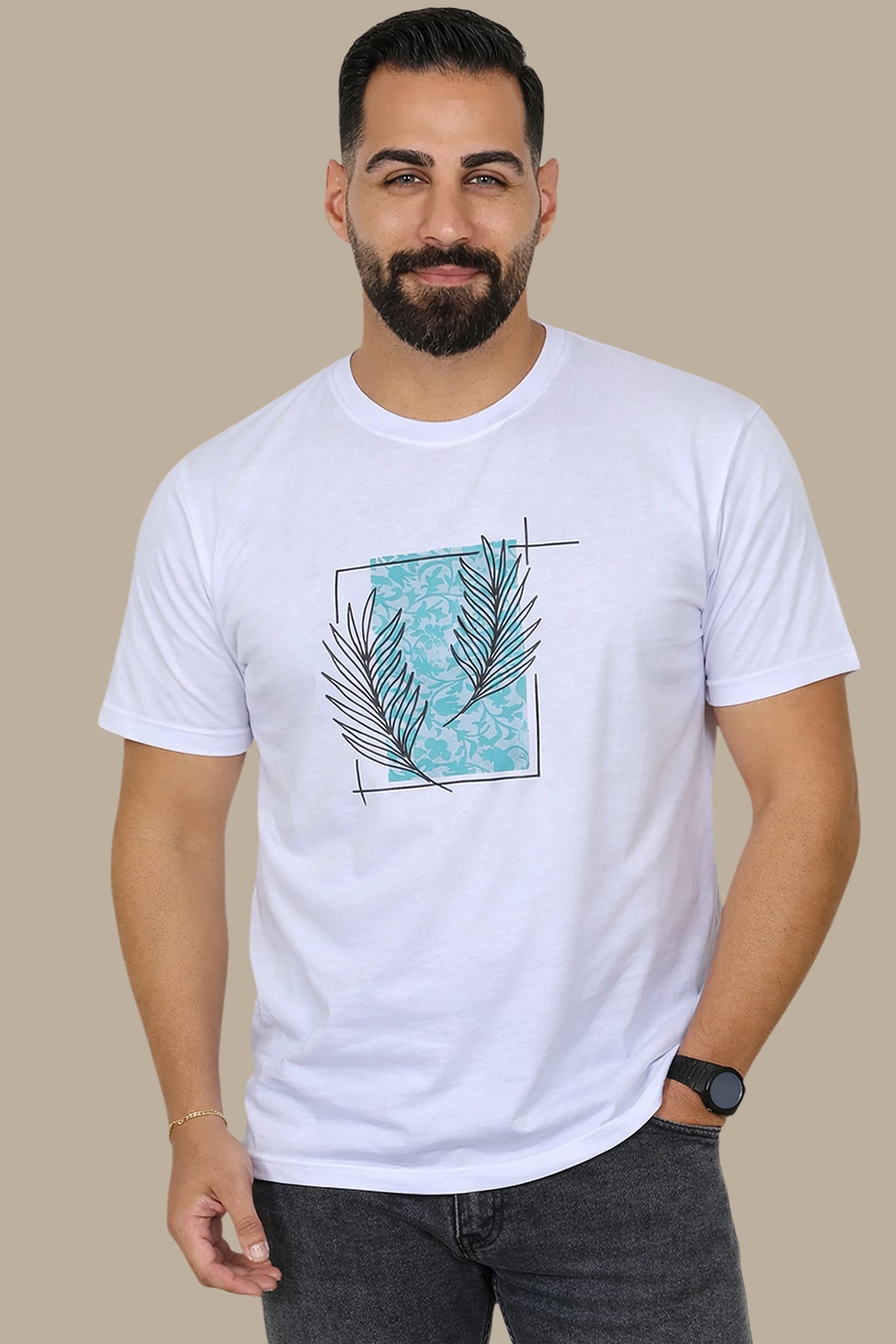 Printed Leaves Round Neck T-Shirt