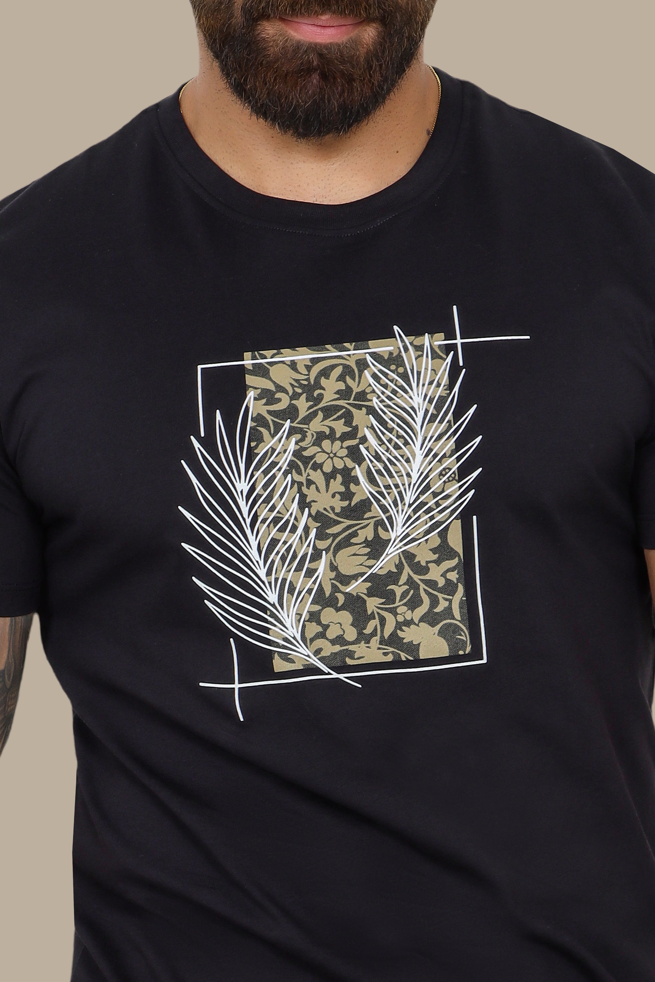 Black Printed Leaves T-Shirt