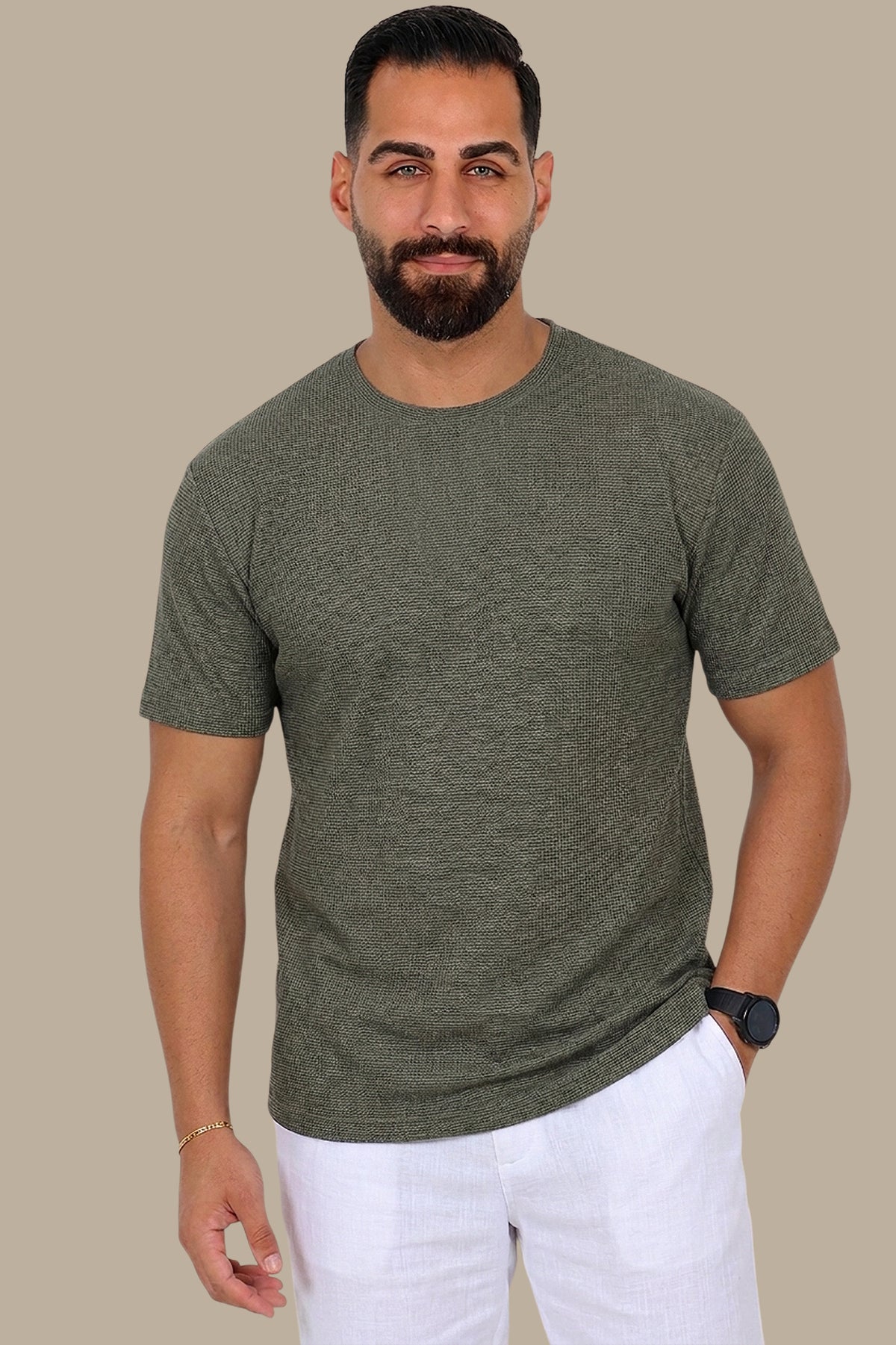 Khaki Textured Round Neck T-Shirt