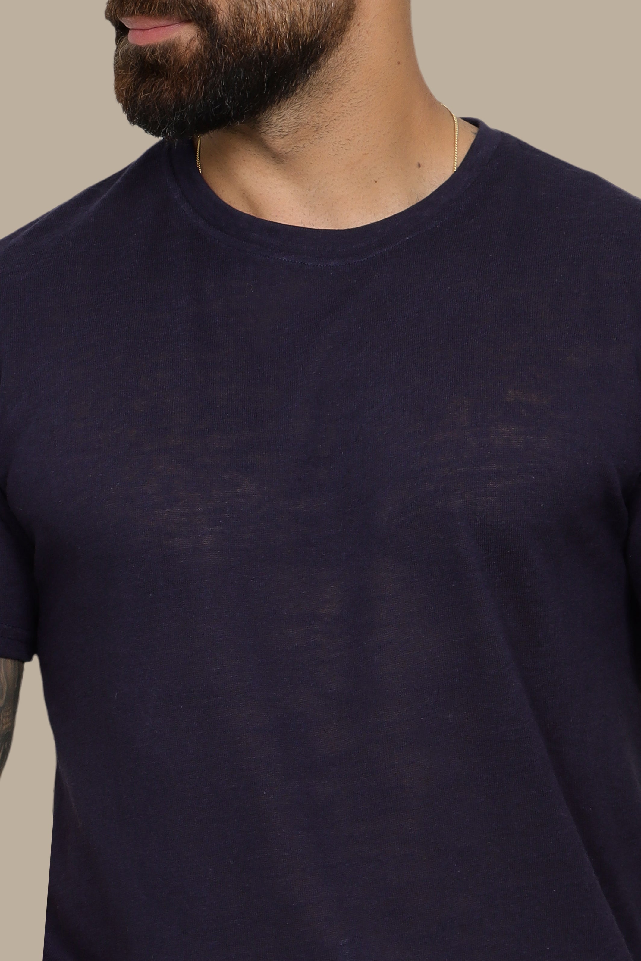 Navy Linen Short Sleeve T-Shirt with Round Neck