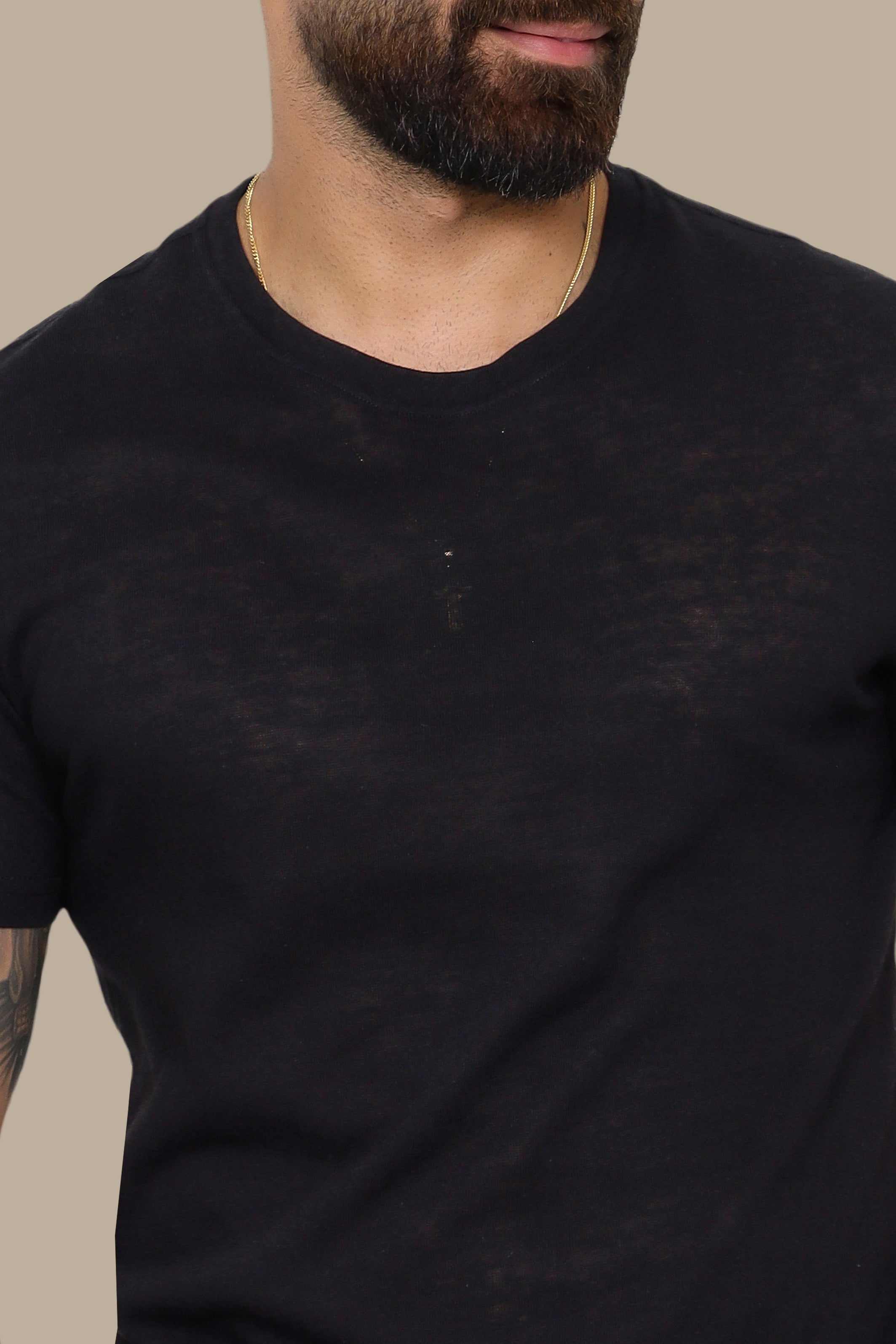 Black Linen Short Sleeve T-Shirt with Round Neck