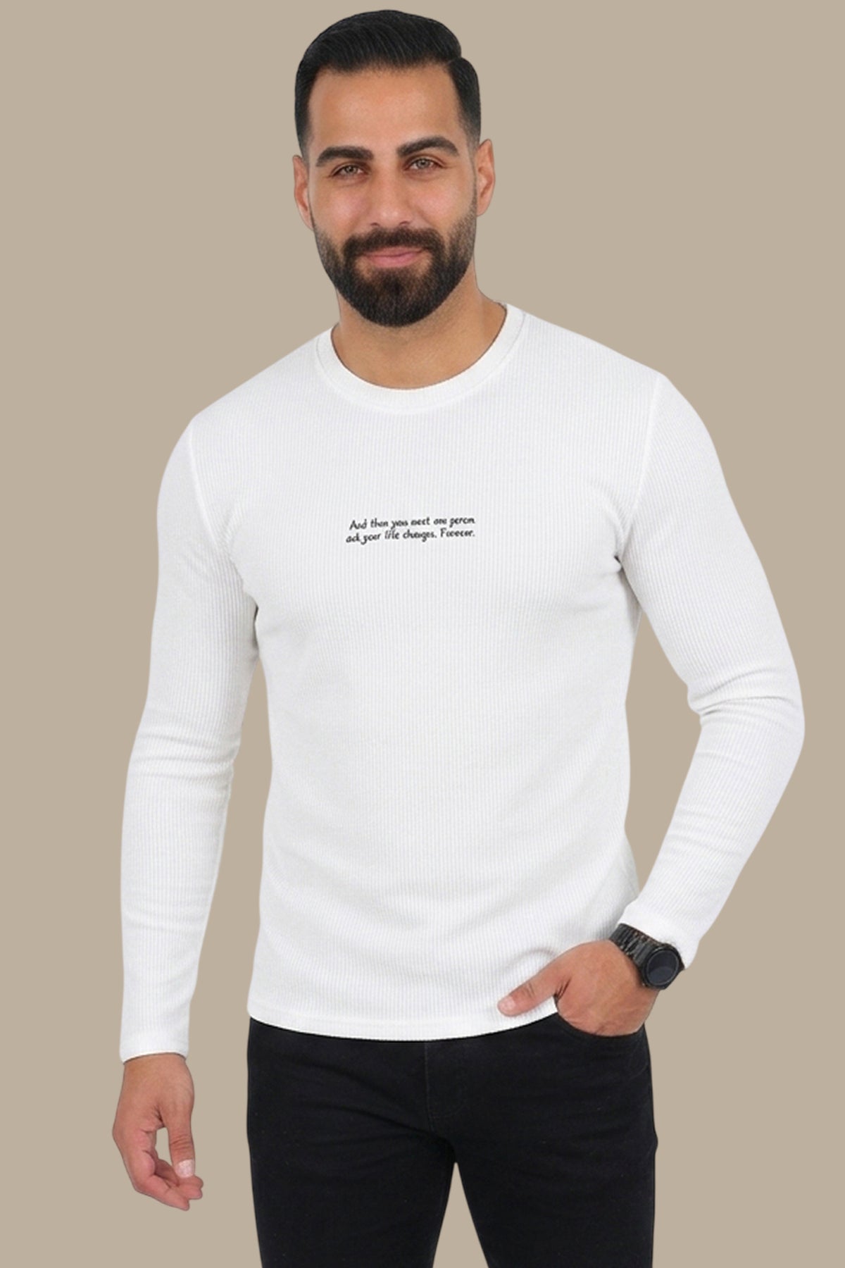 White “One Person” Ribbed Long Sleeve