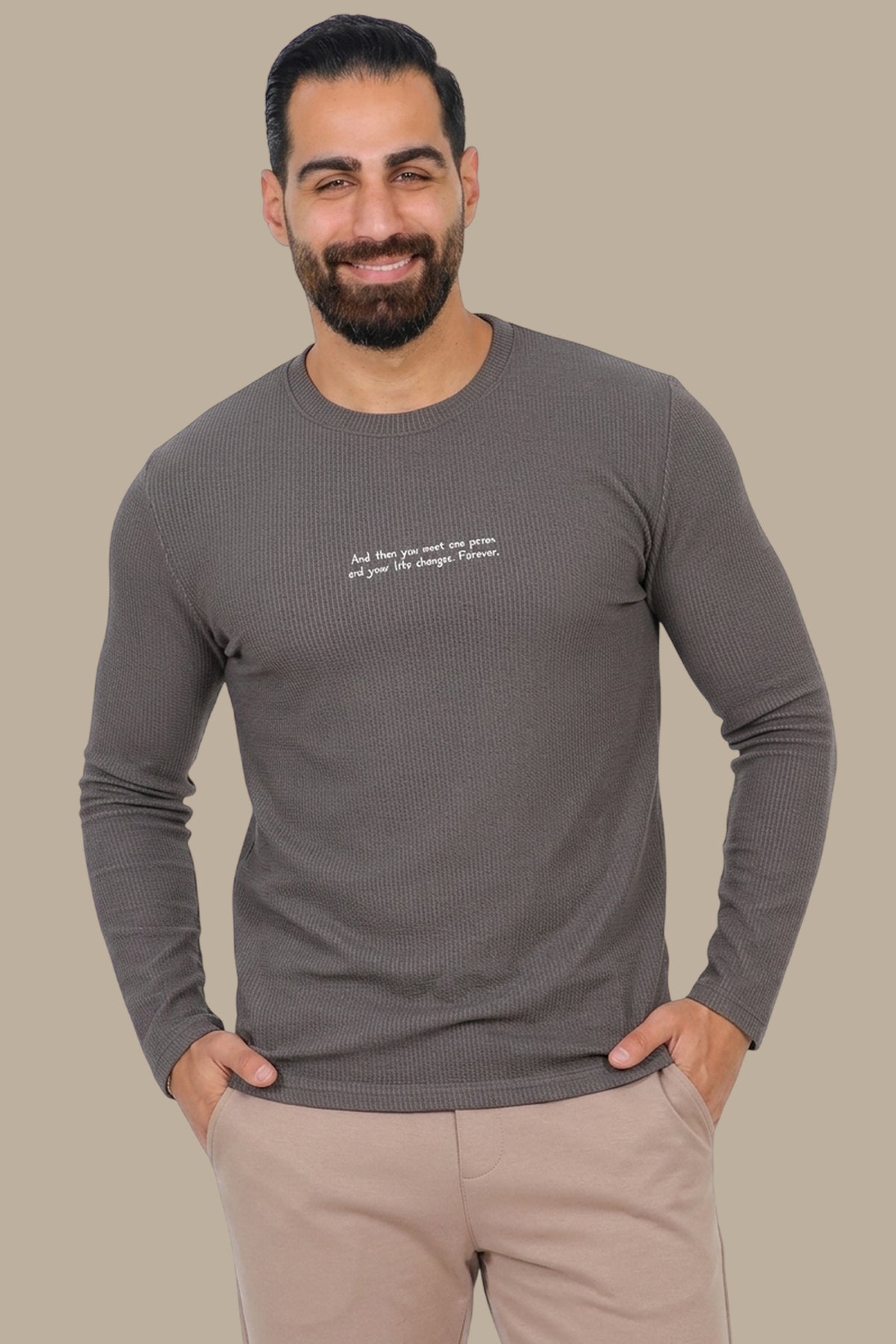 Ribbed Long-Sleeve Top Mocha with Quote Print