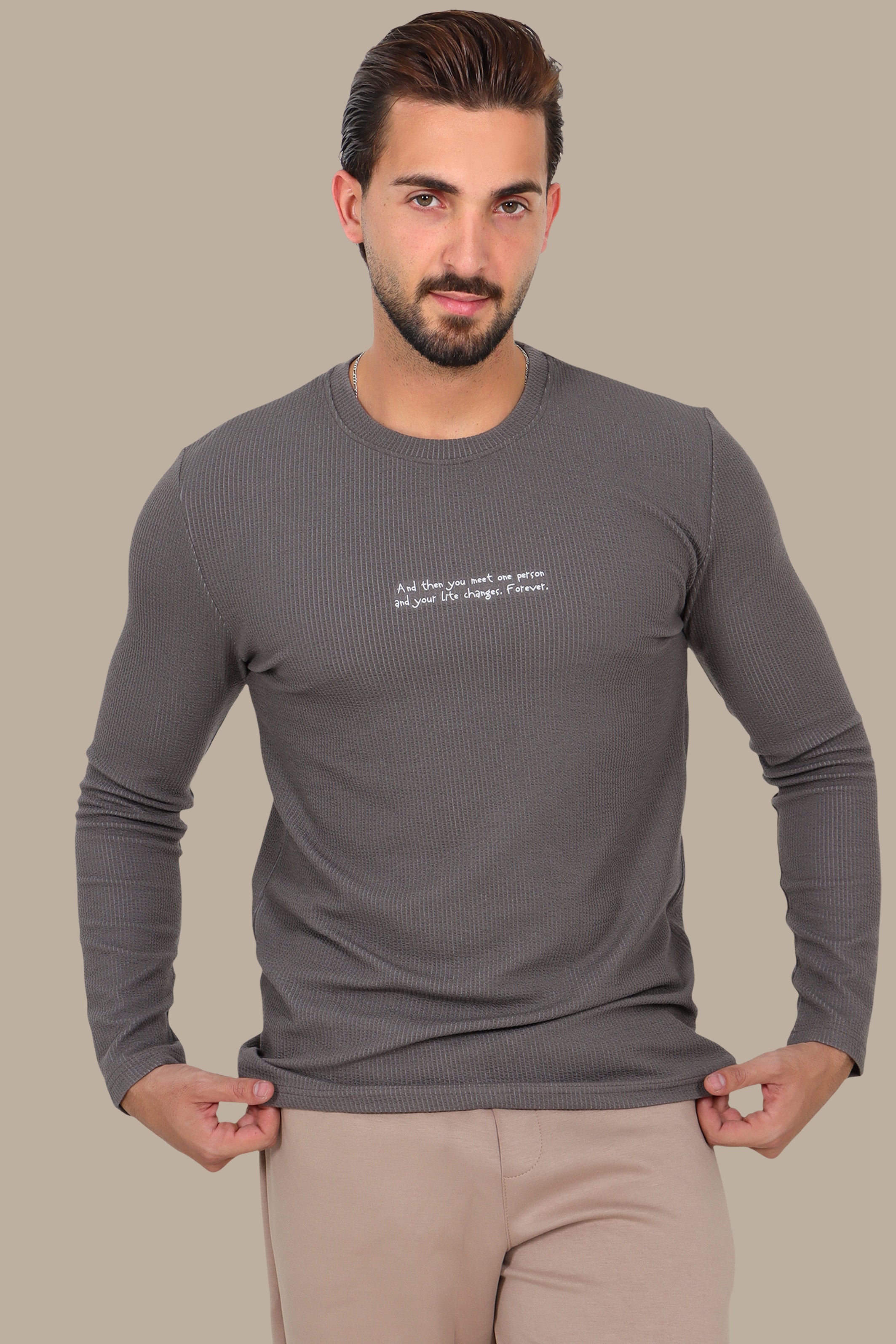 Ribbed Long-Sleeve Top Mocha with Quote Print