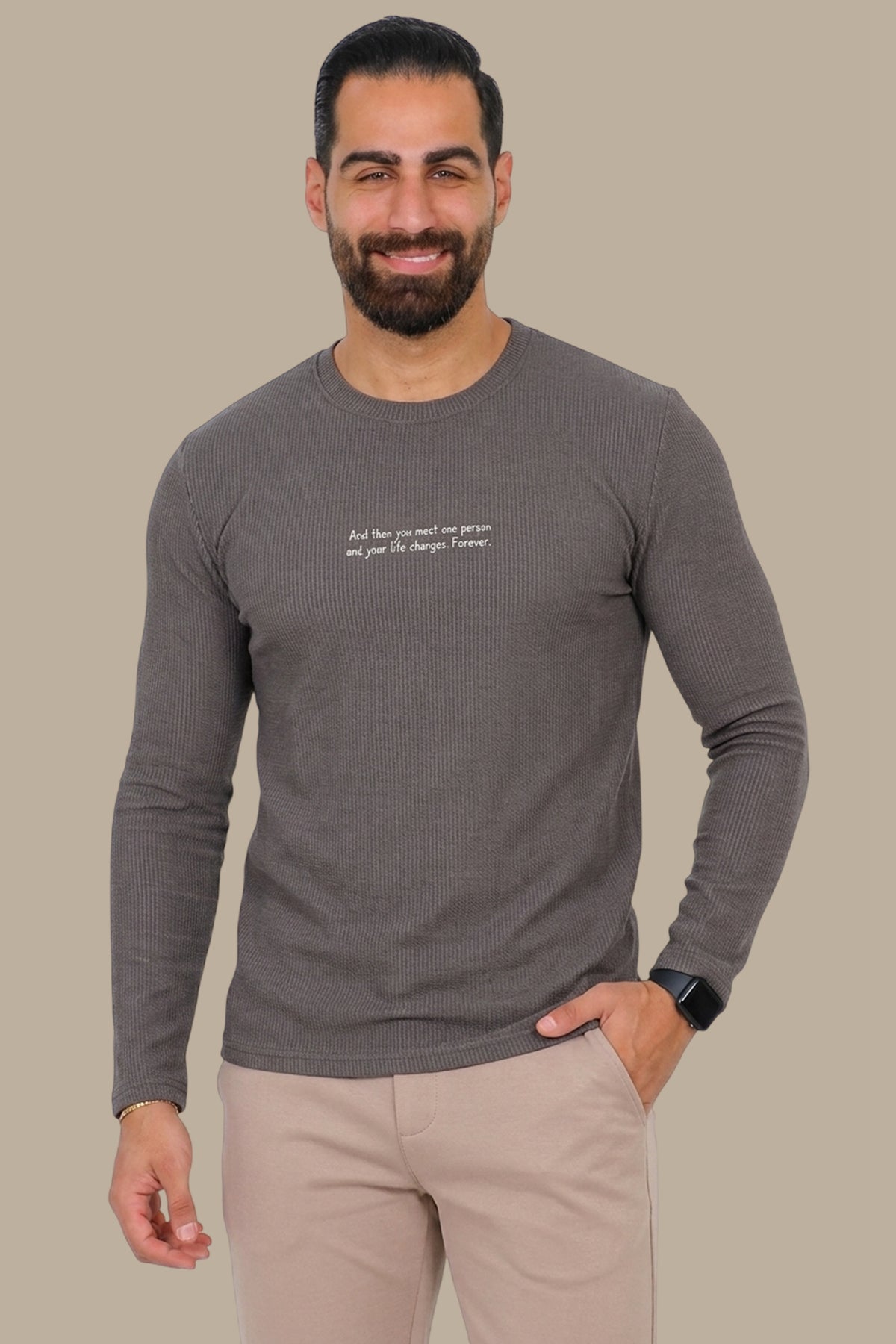 Ribbed Long-Sleeve Top Mocha with Quote Print