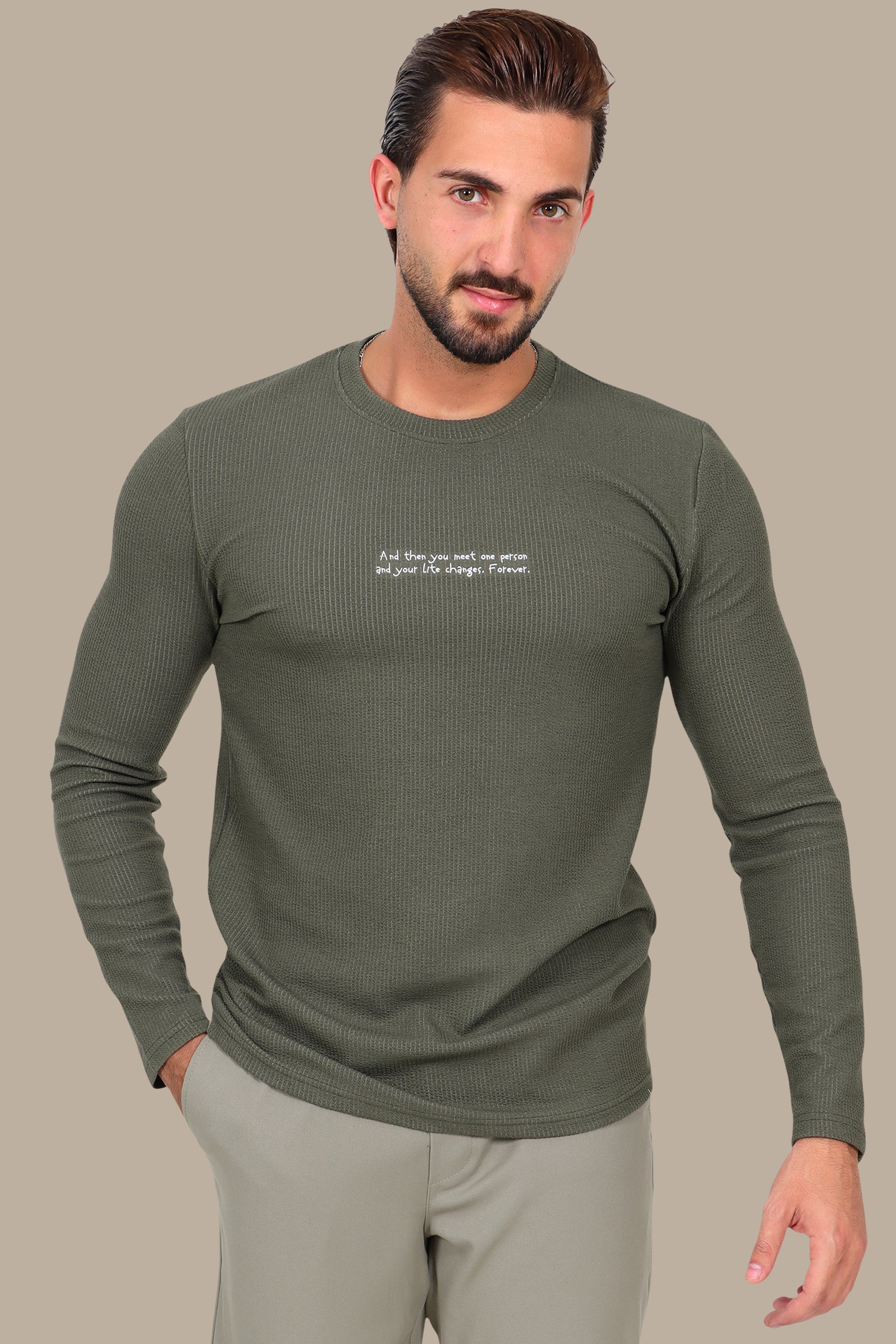 Ribbed Long-Sleeve Top Olive with Quote Print