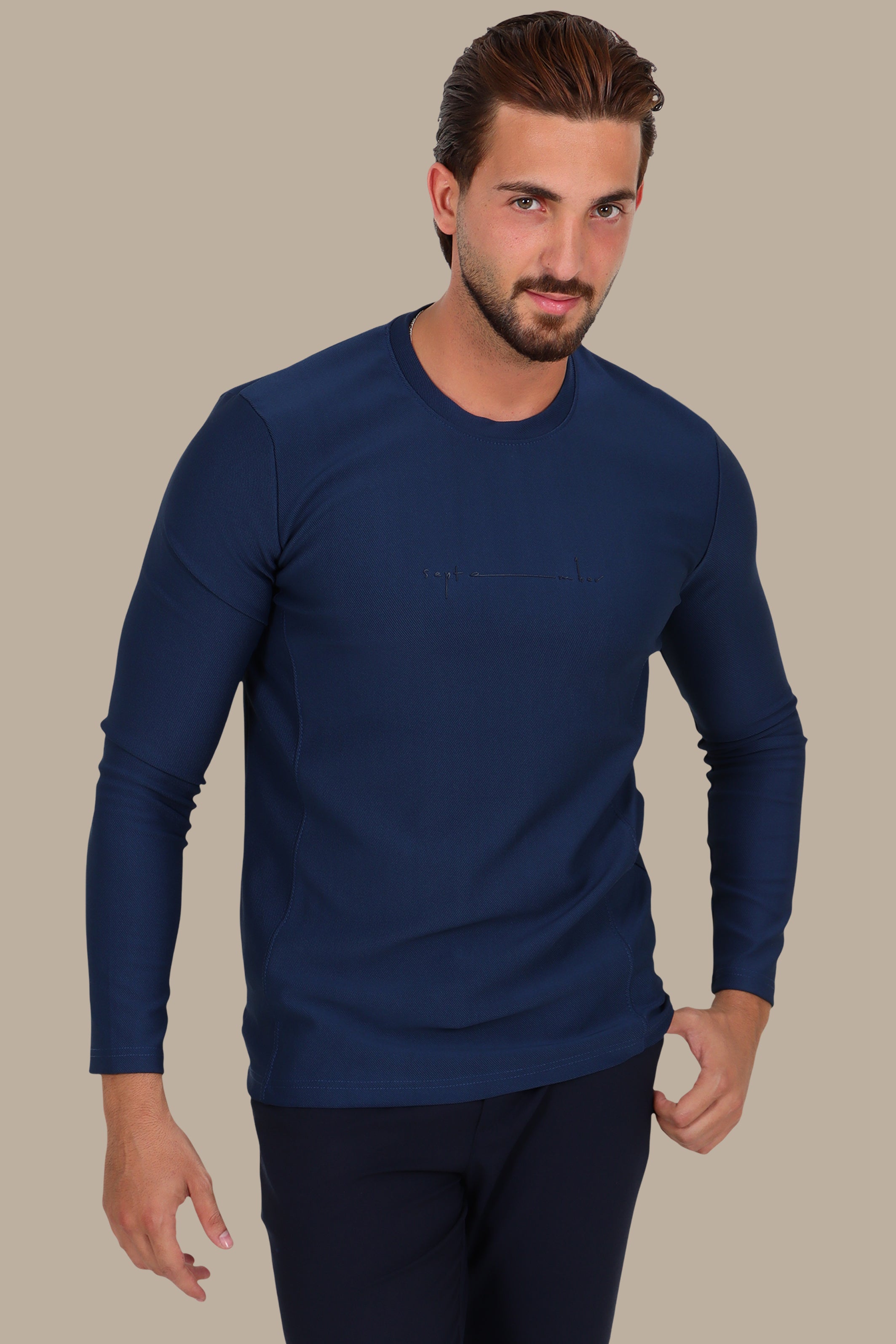 Blue “September” Diagonal-Textured Long Sleeve