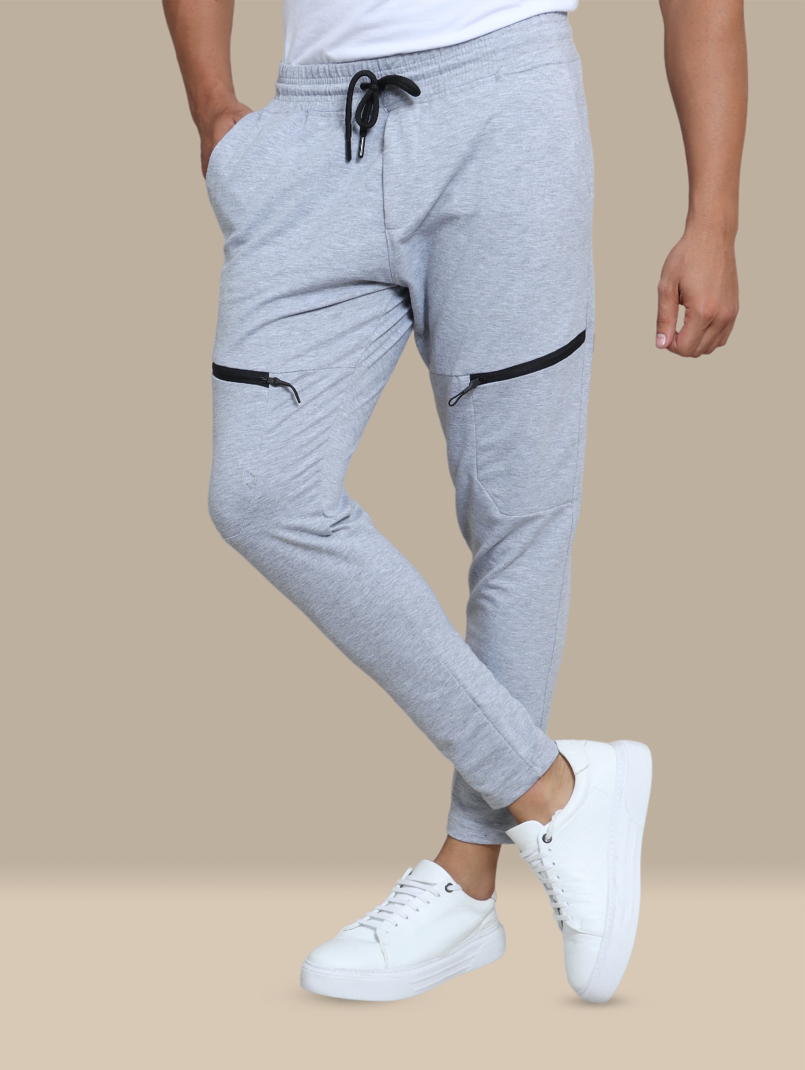 Sporty Elegance: Light Grey Jogging Pants with Zipper