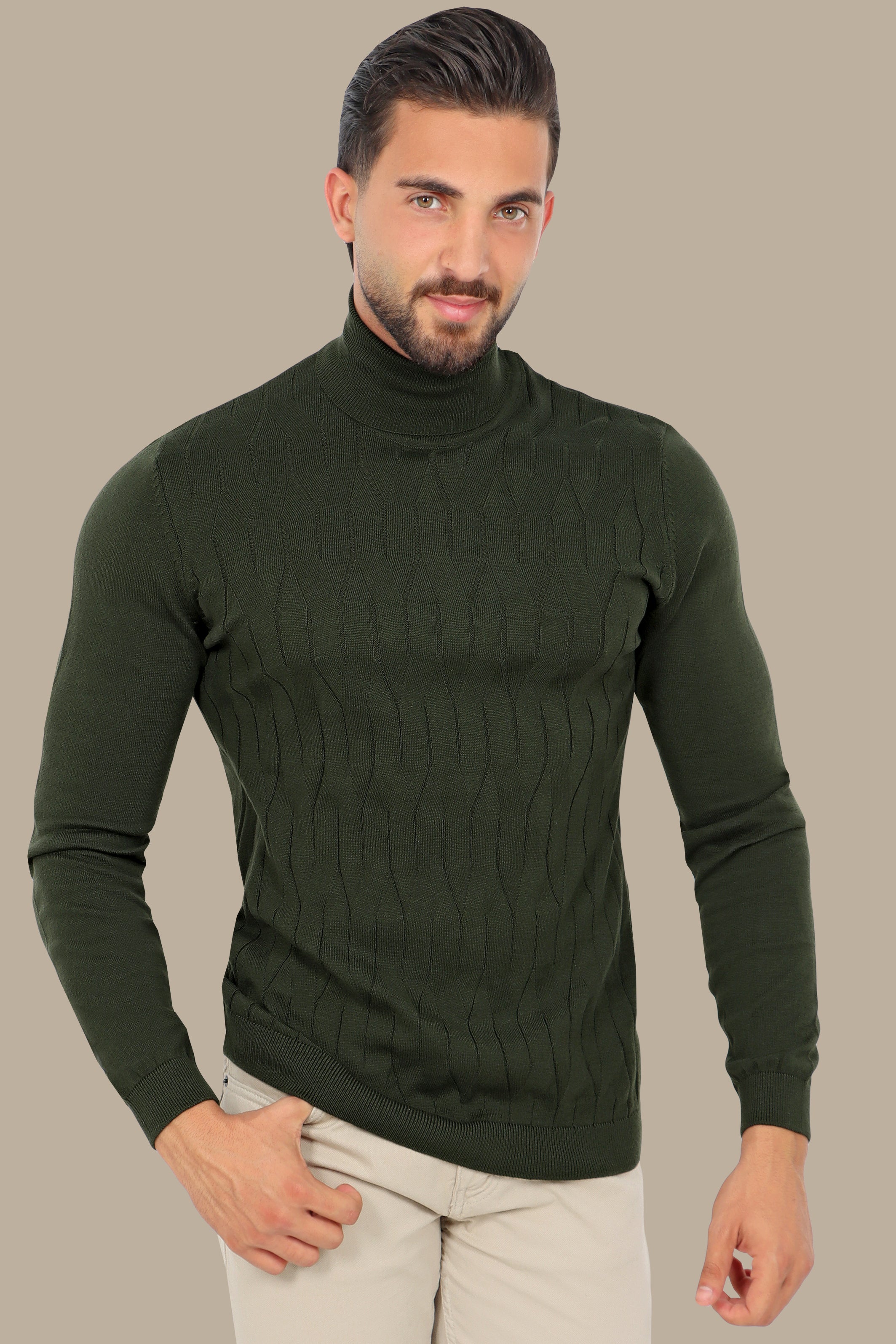 Green Braided Turtleneck Sweater