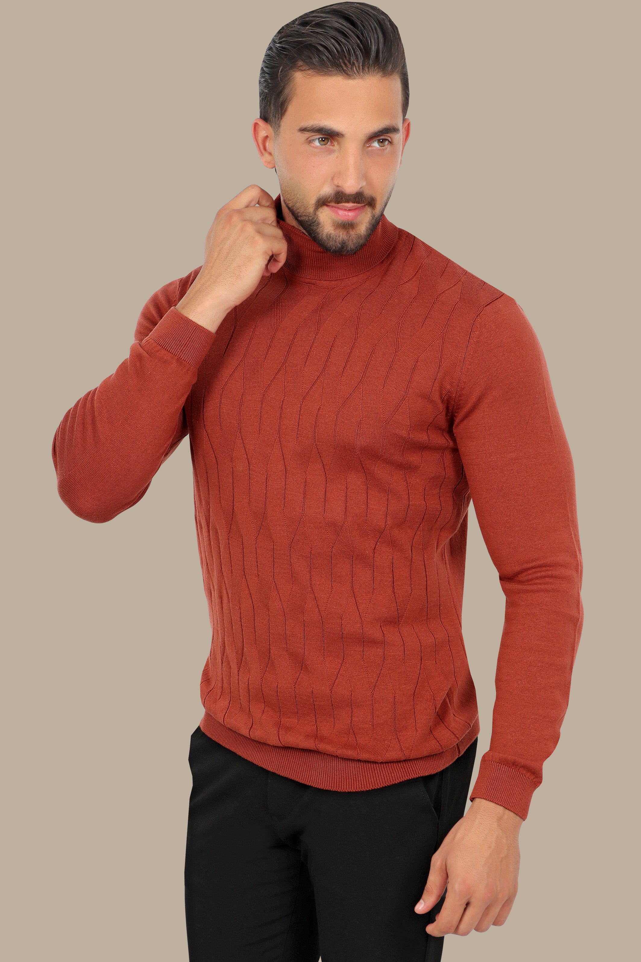 Brick Turtle Neck Braided Sweater