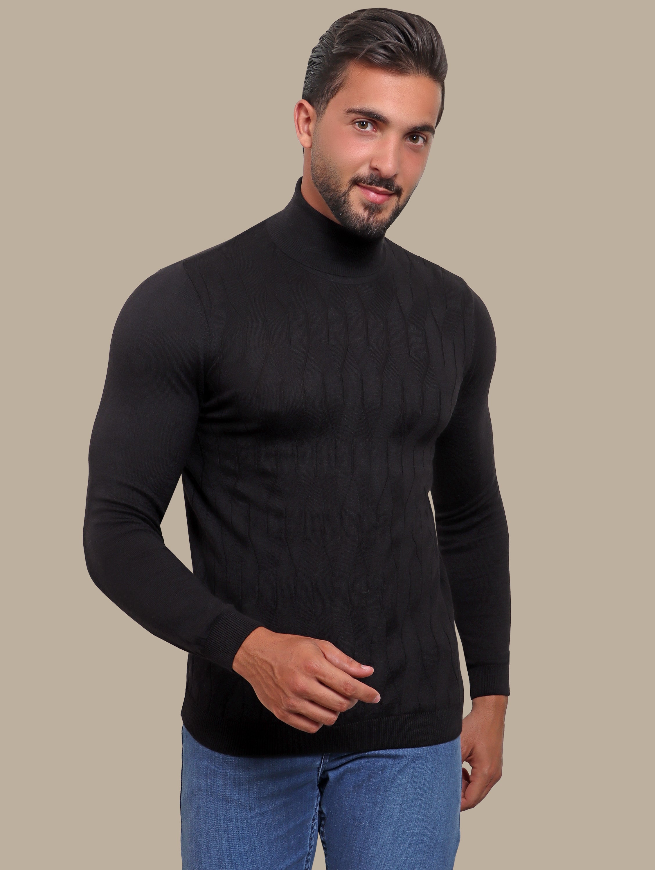 Classic Black Braided Turtleneck Sweater