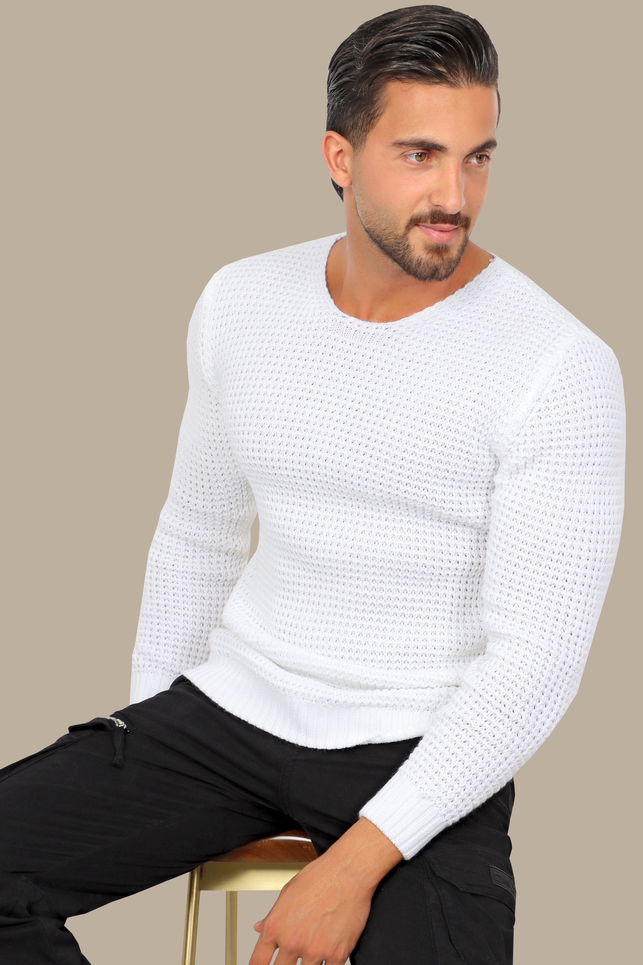 White Knitted Open Neck Sweater