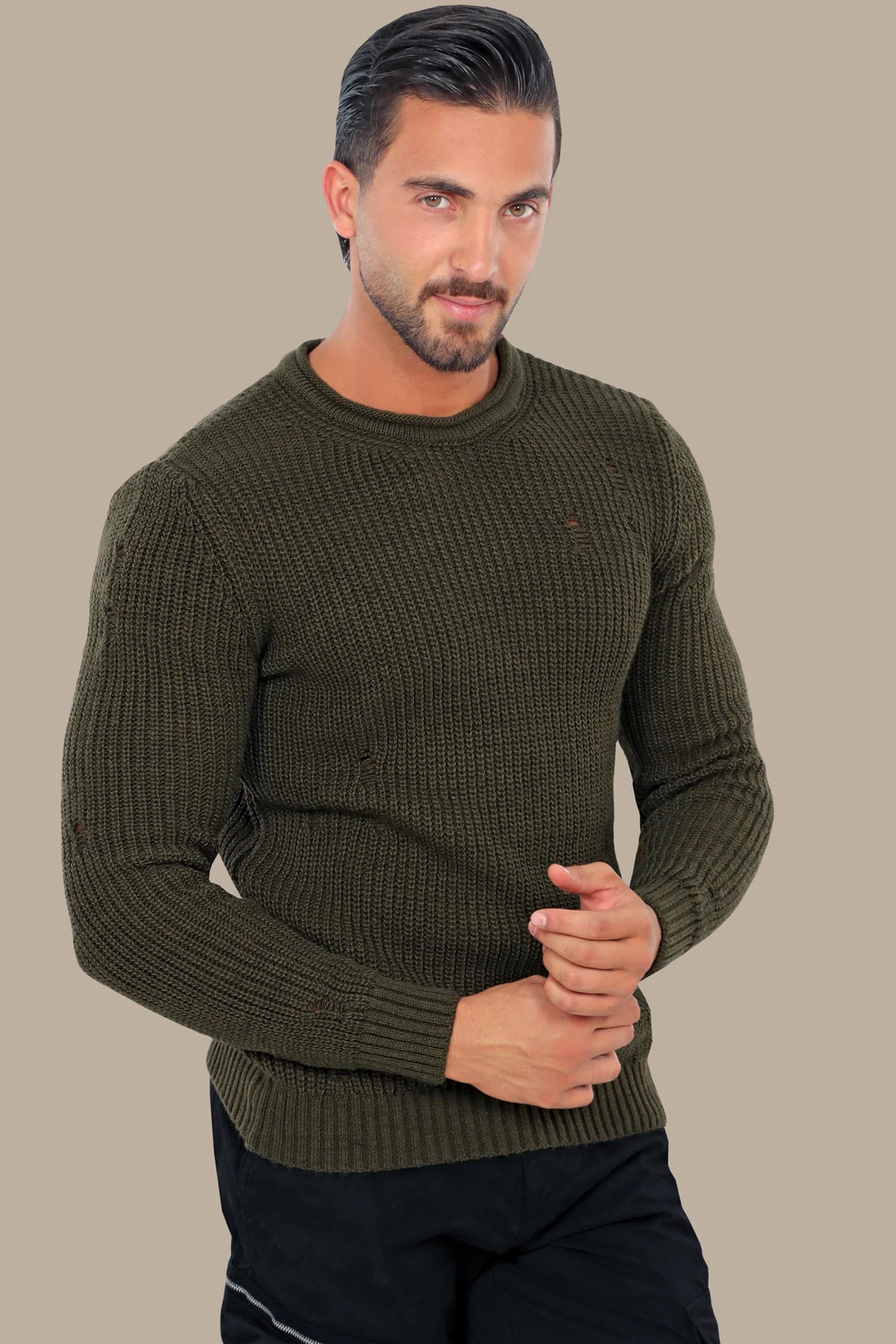 Khaki Knitted Damaged Sweater