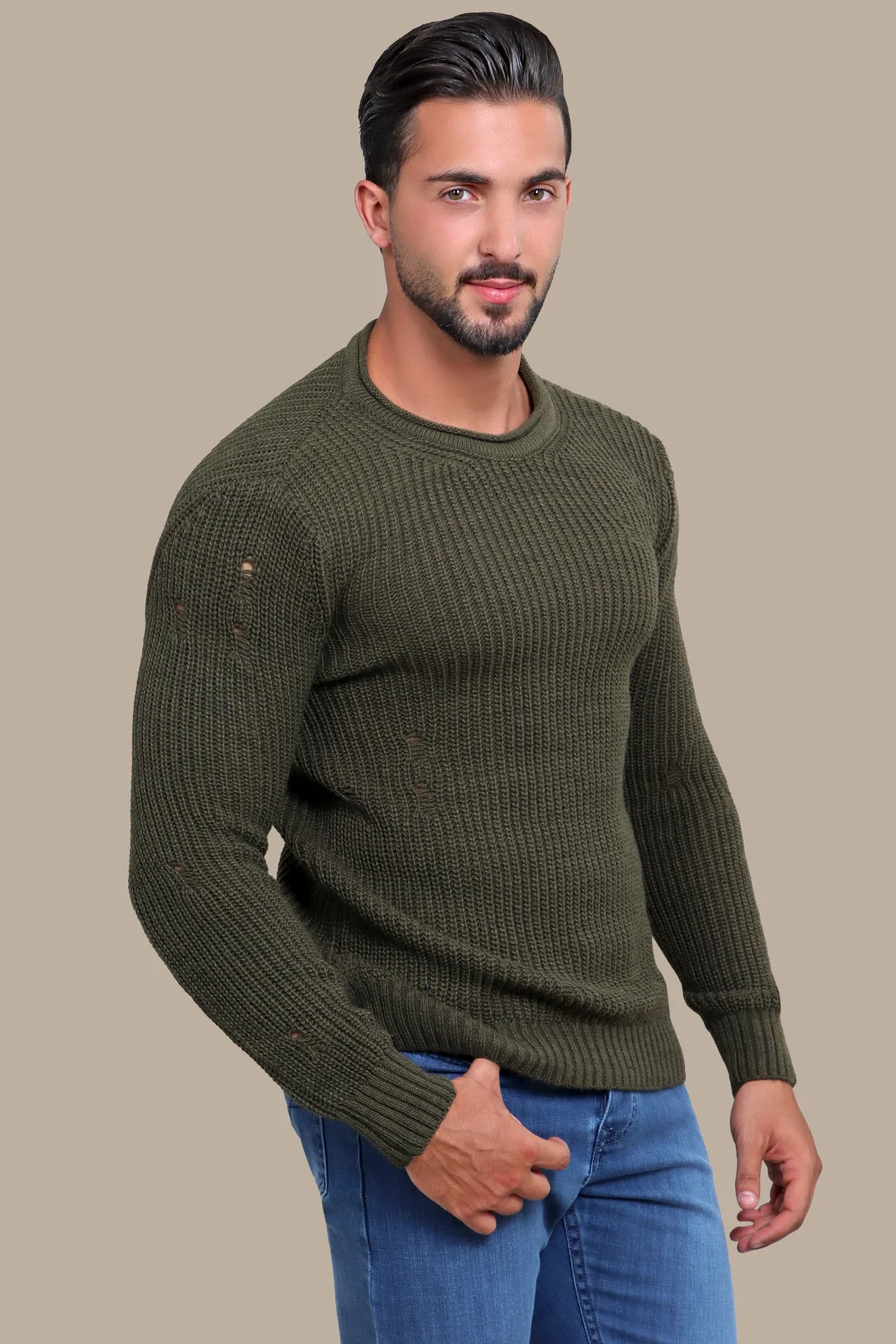 Khaki Knitted Damaged Sweater