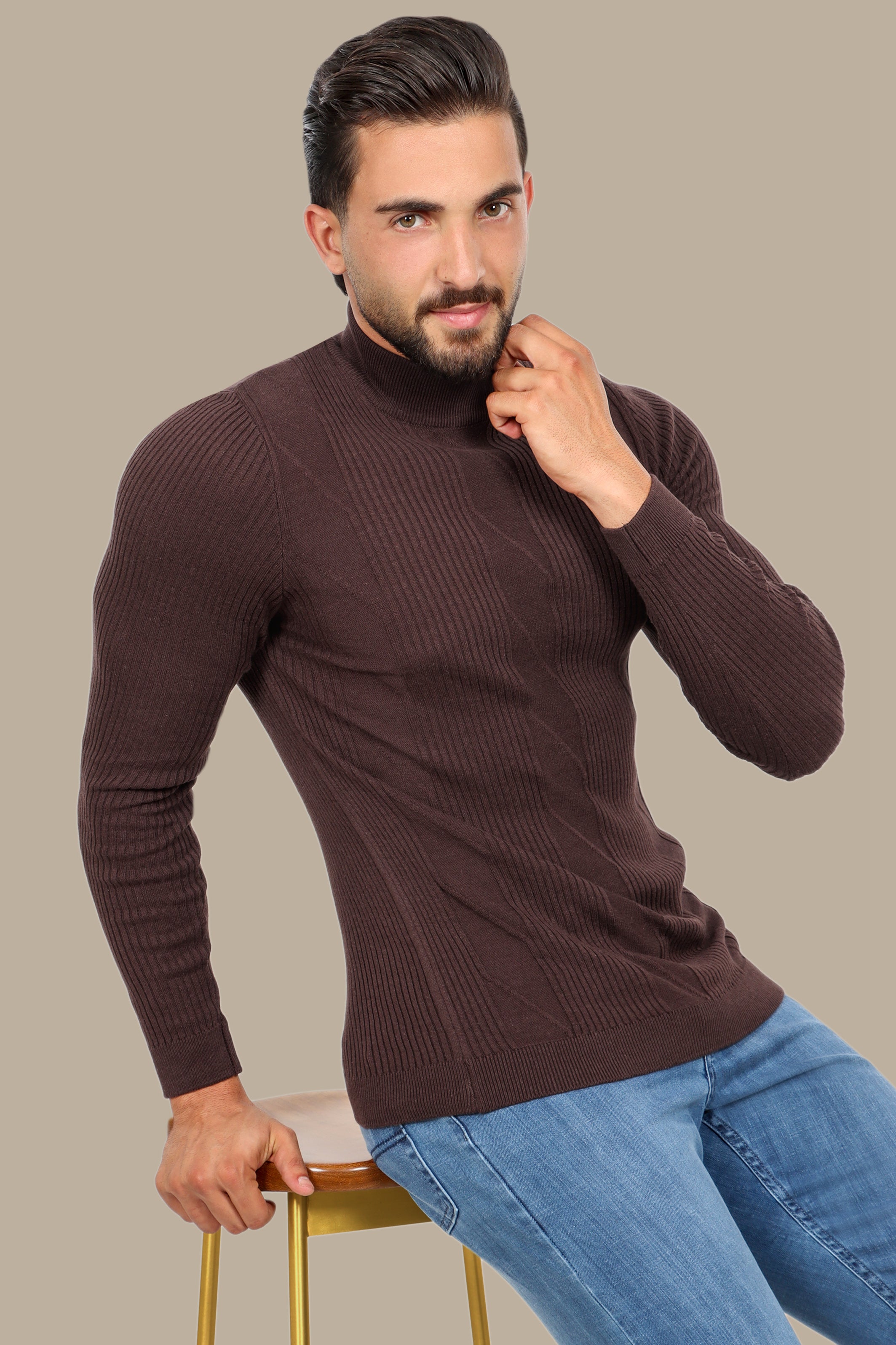 Ribbed Brown High Neck Sweater