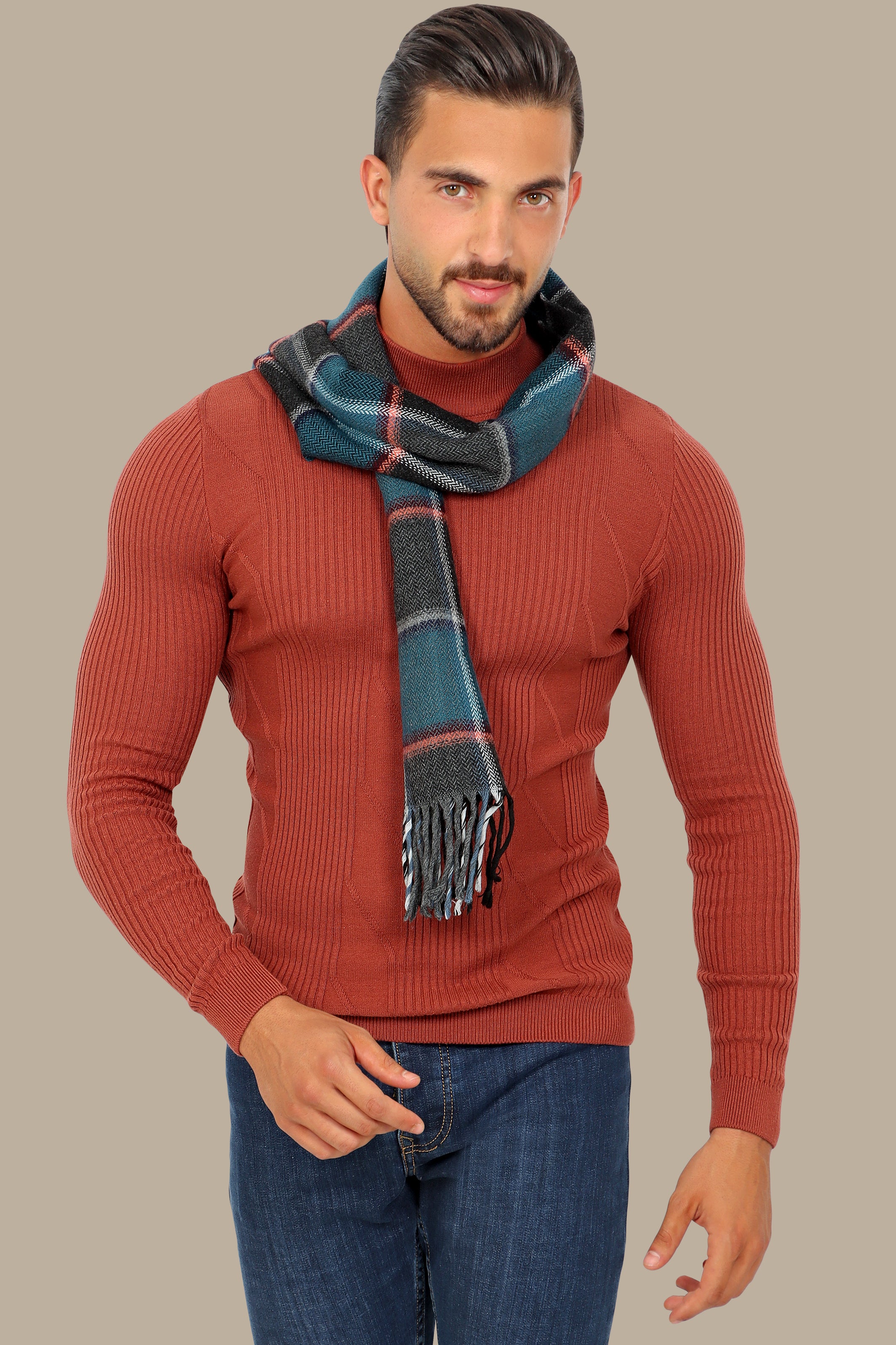 Brick High Neck Ribbed Sweater