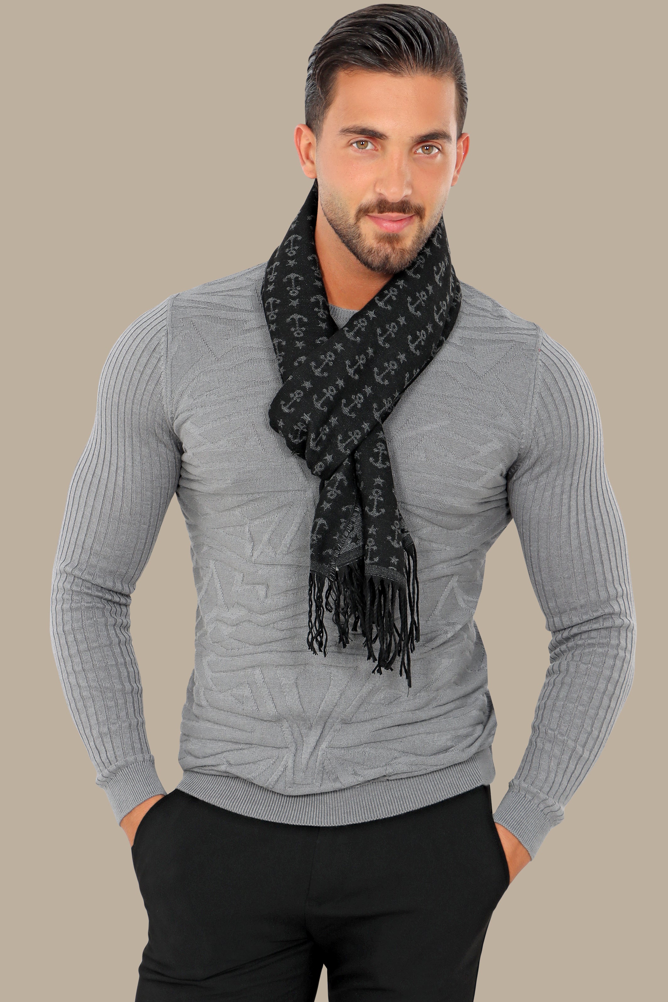 Grey Jacquard R-Neck Sweater